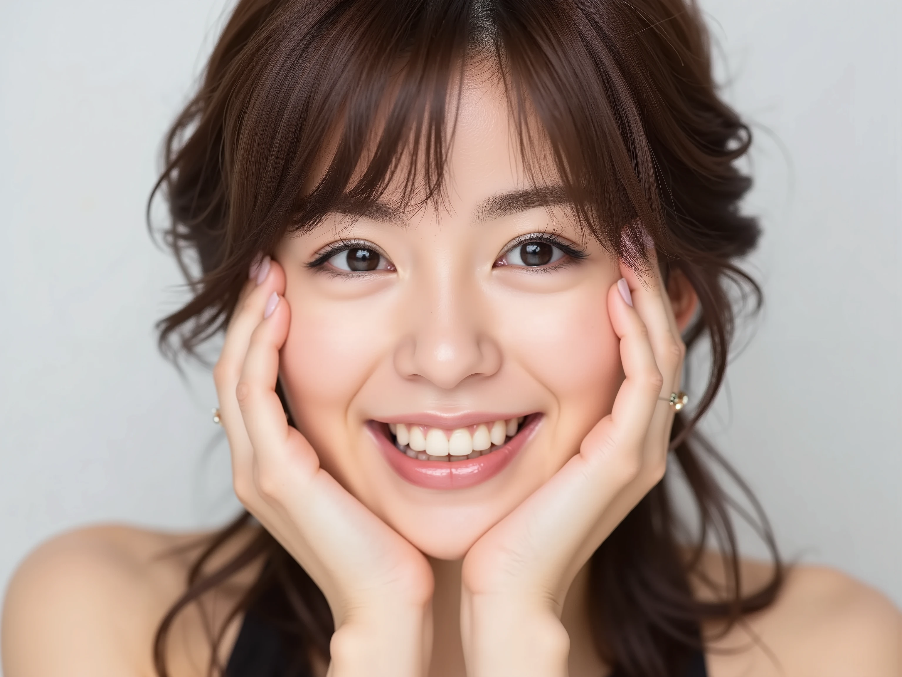 (Refined from an old photo, recreated in a modern, ultra high-quality photorealistic style, with a trendy Reiwa-era hairstyle: soft semi-long hair with natural waves and airy see-through bangs),
Ultra photorealistic close-up portrait of a beautiful Japanese woman,
upper-body shot, wearing a black outfit (completely out of frame, not visible),
shoulders and collarbone softly exposed,
both hands pressing her cheeks in a shy, lovestruck pose,
sparkling eyes gazing dreamily at the viewer with overwhelming affection,
cheeks blushing deeply with a sweet reddish glow,
soft glossy lips curved into a bright, full, lovestruck smile,
expression melting with love, playful, dreamy, adorably bashful,
purely cute and lovestruck, overflowing with affection and warmth,
realistic skin with detailed pores, subtle freckles, natural uneven tones,
tiny imperfections for realism, soft peach fuzz visible,
hair rendered with individual strands, slightly messy flow, natural matte shine,
soft diffused cinematic lighting, natural depth,
background pure white with gentle blur,
(masterpiece, best quality, high resolution, intimate romantic close-up, cinematic magazine cover style)
