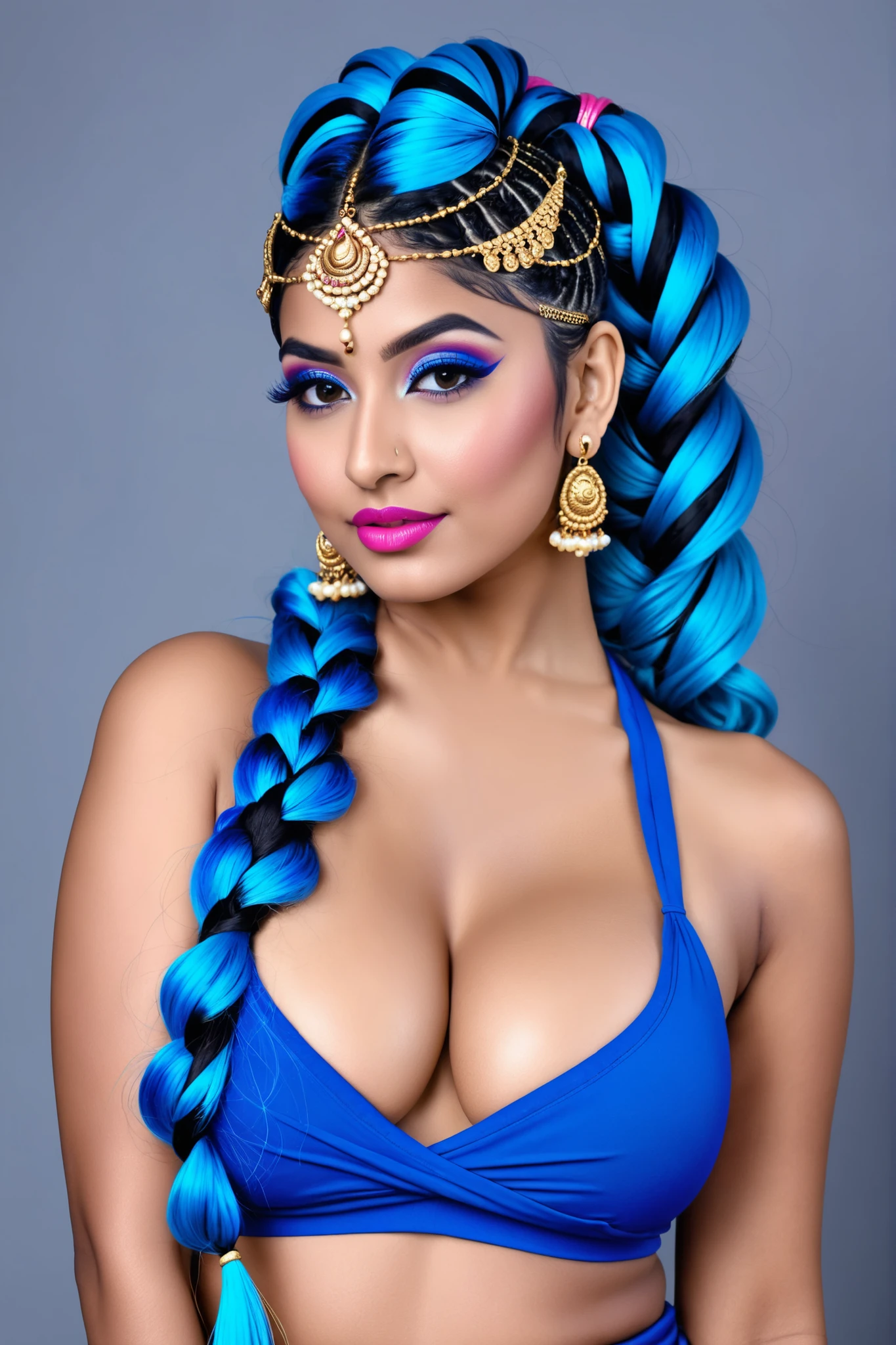 Beautiful sporty Indian girl blue hair pink lips big breasts deep cleavage, hair - strands are gathered at the temples and crown, braid or curl. The elements are laid in the form of a snail or twisted into a knot.