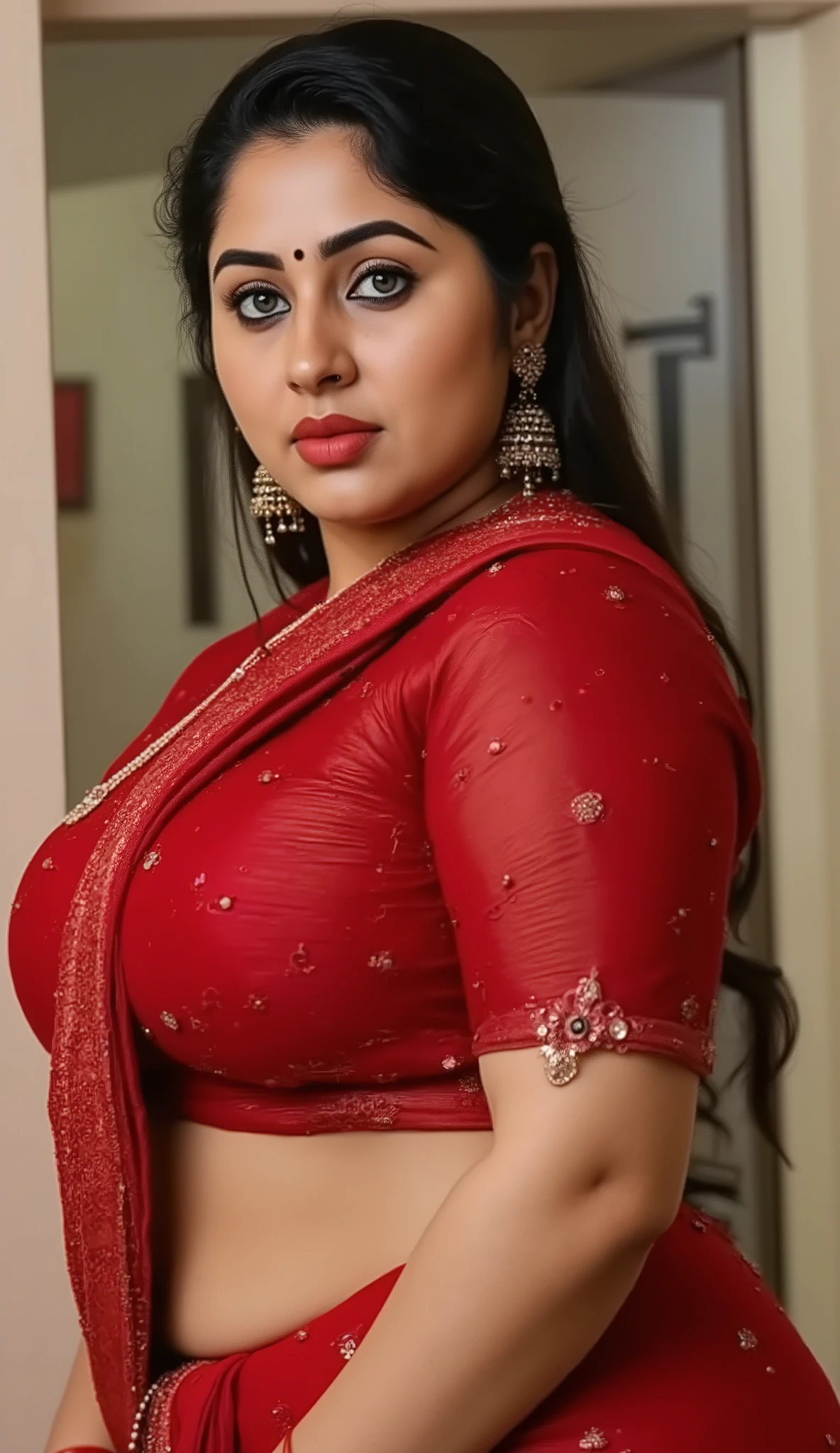transparent blouse,  Bra/Breast Size, 34 inches ; Waist Size, 28 inches ; Hip Size, 30inches.,visible breast and nipples,ultrarealist, intricate details,image of perfect curvy thick milf bbw Goddess tabu wearing red armor suit with intricate indian design also have golden jewelry,very thick milf body,naval  long hair, white skin tone, red lips, 8k,hyper realistic image, ear rings, nose ring with diamond, naked , naked breast. Mini skirts 