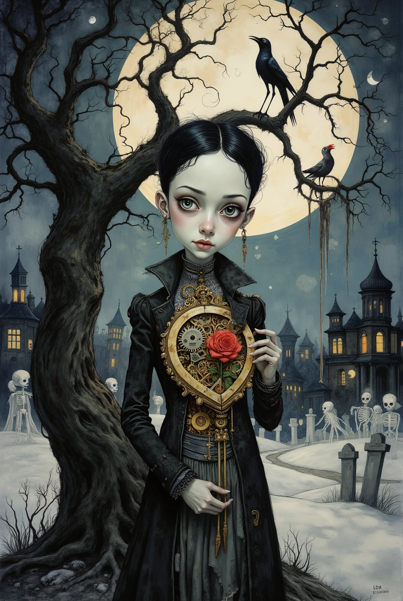 ((Masterpiece, best quality, ultra-detailed, 8k)) ,
In the style of Tim Burton's gothic animation ("The Nightmare Before Christmas", "Corpse Bride"), black and white base with accent colors, sketchy lines, elongated and angular proportions, gothic surrealism.
Vertical composition, like a scene in a macabre music box. A pallid, melancholic young figure (with large, soulful eyes like Victor from Corpse Bride) stands under a lone, twisted tree with claw-like branches, against a backdrop of a striped, zebra-like moon. The figure wears a tattered, mourning Victorian outfit (a tailcoat with long tails or a corset with a crinoline).
The central focus: An intricate mechanism is embedded in their chest, visible through torn skin and fabric. The mechanism resembles a bizarre pocket watch or music box: gears of yellowed ivory, clockwork springs shaped like swirls, a pendulum in the form of a teardrop. It does not glow with neon, but creaks and moves quietly. From its center, like a mainspring, grows a single, vividly scarlet, glowing rose (the only bold color accent).
Surroundings: A gloomy, surreal landscape: twisting, claw-like bare trees, whimsical tombstones, swirling fog that forms ghostly shapes. In the background, silhouettes of crooked, leaning houses.
Emotion: Not cyberpunk angst, but a quiet, poetic sorrow and strange enchantment. The figure is not repairing the heart, but gently touching it with their fingertips, as if checking for a heartbeat. Their gaze is pensive and detached, looking at the viewer but through them.
Details: The tree branches intertwine into patterns resembling mechanism blueprints. Crows with tiny gear-like eyes perch on the branches. Shadows from the figure and the tree form silhouettes of dancing skeletons. The striped moon smiles with a thin crescent.
Color Palette: Dominated by black, white, grays, and cold blues. High contrast. The only vibrant color is the scarlet glow of the rose within the mechanical heart, reflected in the figure'