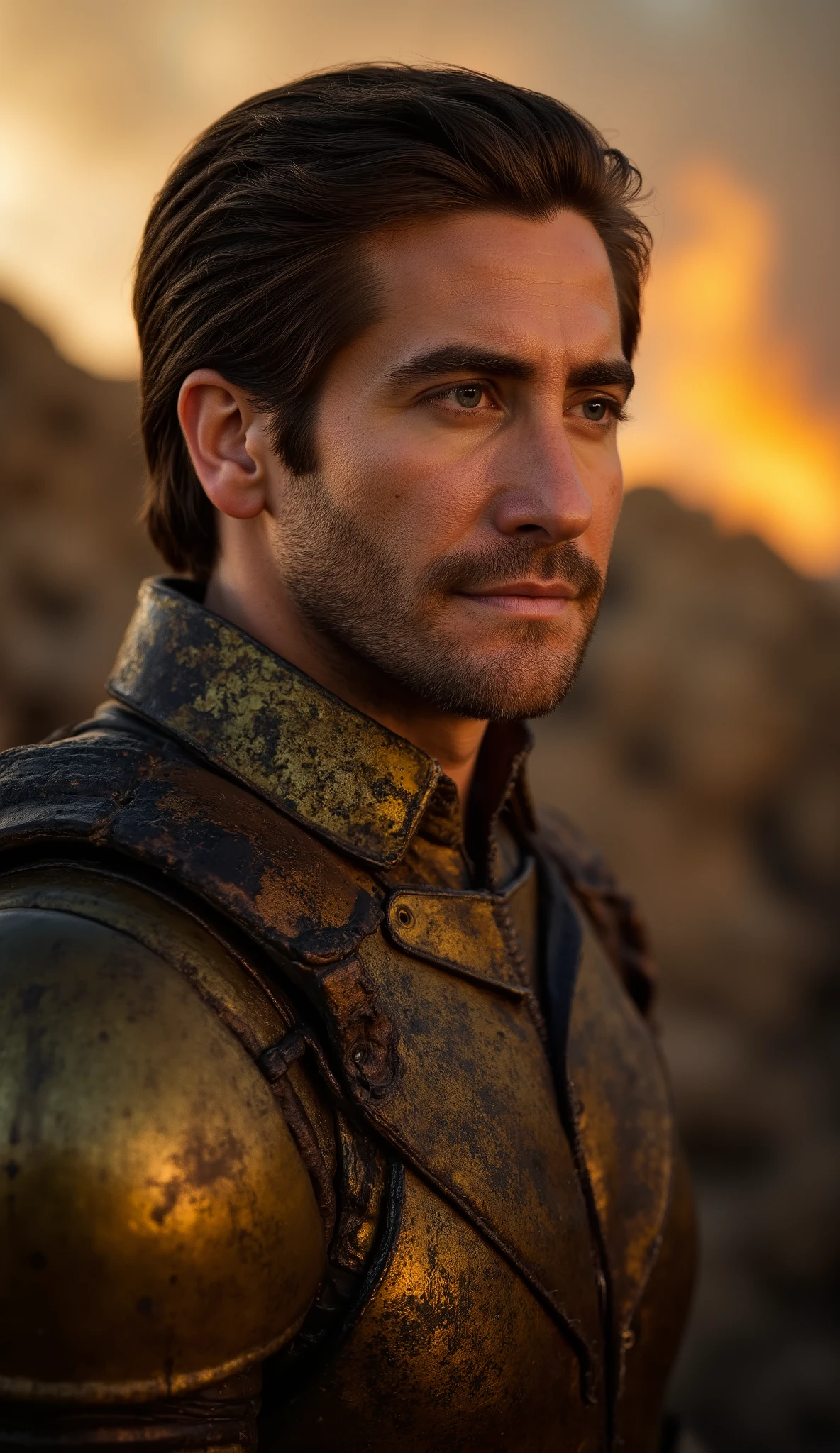 lose-up face in gold and black suit
Ruined scenery, distant fire reflecting in the eyes and armor.
Cinematic lighting, contraste forte, blurred burning background to keep focus on Jake Gyllenhaal's hyper-realistic.