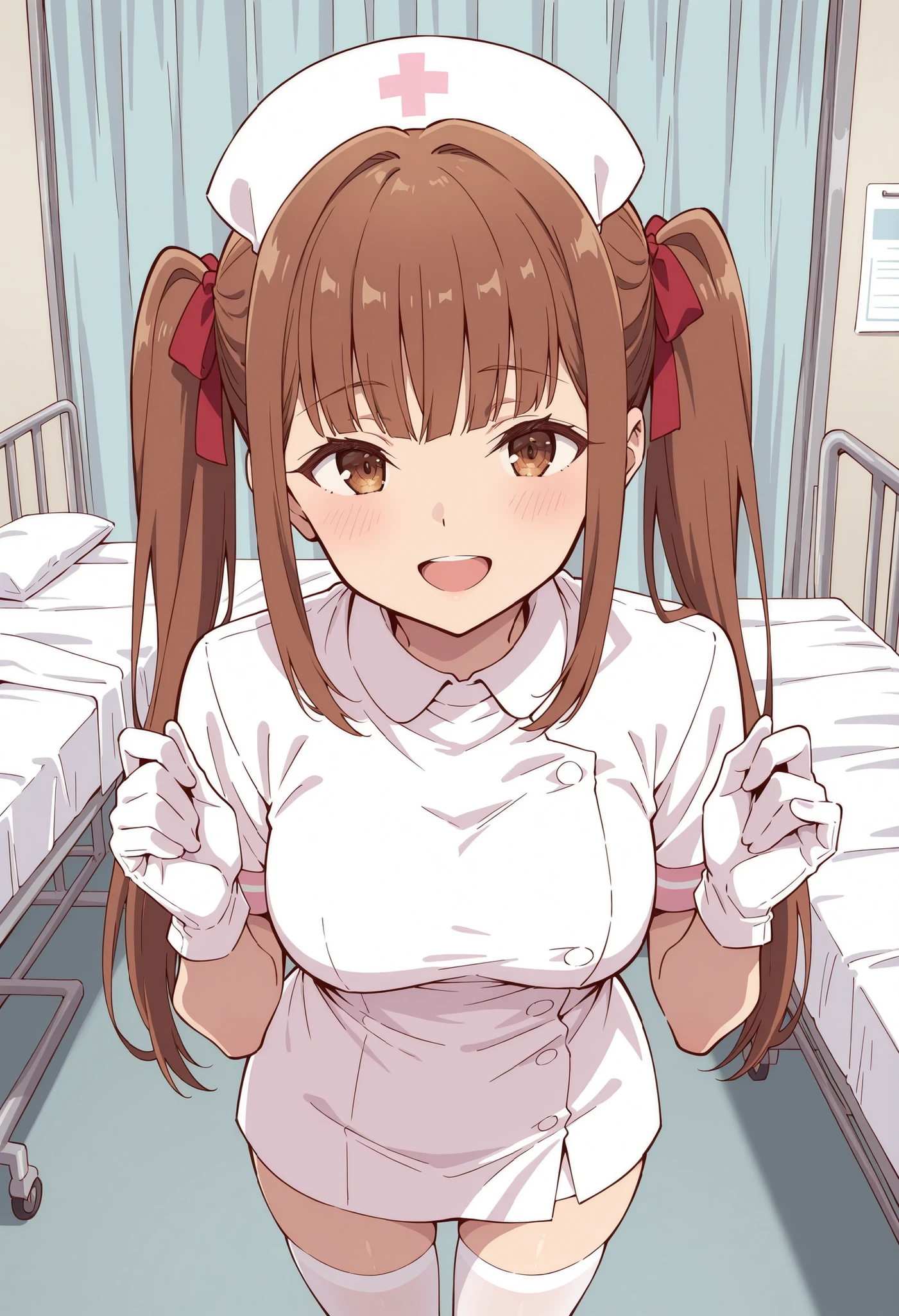 Score_9, score_8_up, score_7_up, source_anime, lyra (girumasu), solo, brown hair, twintails, hair ribbon, blunt bangs, sidelocks, brown eyes, (green eyes:0.8), (best quality), (high quality), {masterpiece}, extremely delicate and beautiful, ultra-detailed, beautiful detailed eyes, nurse, nurse hat, ((white nurse's outfit)), white gloves, white thighhighs, hospital room, smile, open mouth, standing