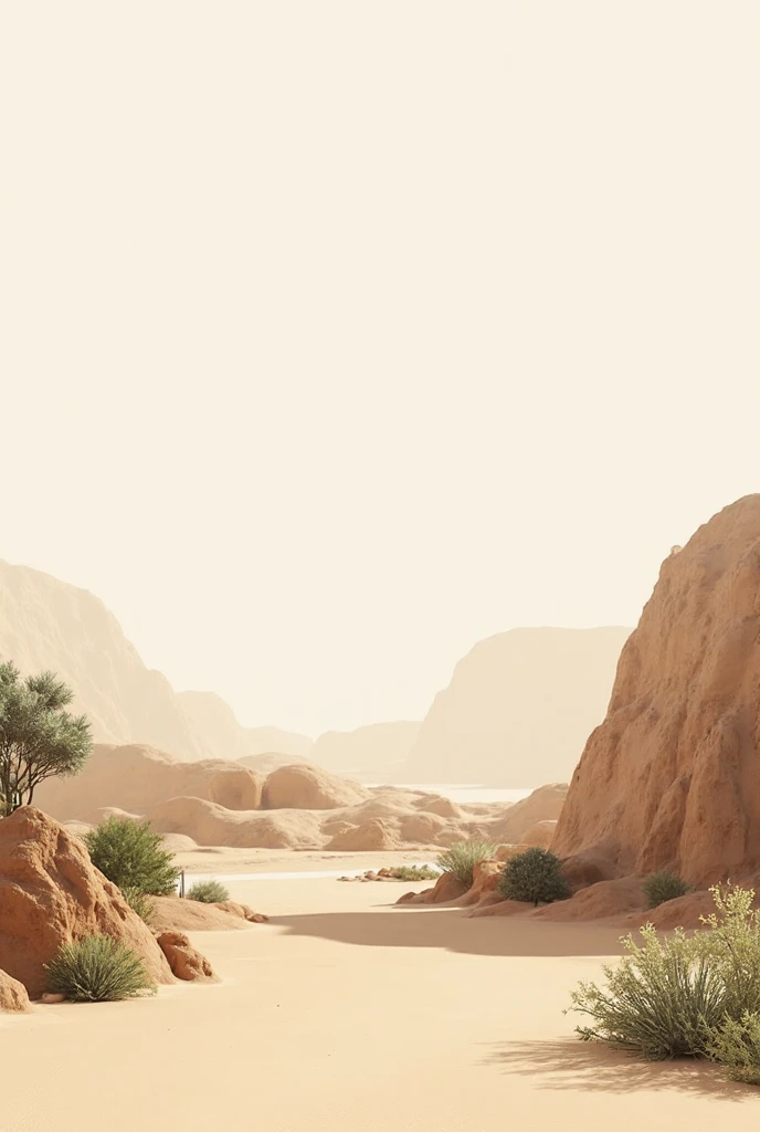 A plain architectural presentation sheet background design for an A1 portfolio. Inspired by the desert context of Wadi El Rayan in Egypt, using warm sandy tones, beige, and soft browns, blended with subtle greenery accents to suggest healing and organic life. Minimal, professional, clean composition without any architectural drawings or renders — only the background layout and graphic design elements. Space left for text, diagrams, and images. Elegant and artistic, not cluttered.”