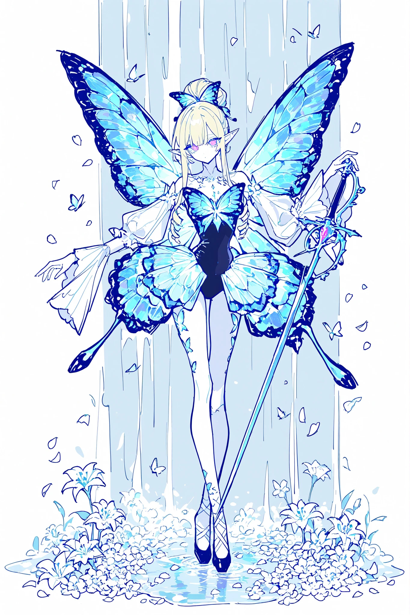 (ma1ma1helmes_b_illu,sketch,butterfly leotard, narrow waist,) Faèrie princess. She has dexterous athletic physique of ballerina, long flexible thin six-fingered limbs. She has eight mother-of-pearl multicolored dragonfly wings. She has pale ivory skin and long pointy elf ears. Her eyes are sky-blue with glowing sigils of stars. She has longest loose golden-blonde ringlet hair, pulled up in wide updo ponytail decorated with pink roses and live butterflies. She wearing light-pink mini top with long elvish bell sleeves-butterfly wings, white petals layered elvish mini skirt, light-violet leggings with medieval pointe ballet shoes. She carries with her a half-handed sword, witch needle-blade made from sharp bone. (On the background: An evergreen forest with a glade of multicolored lilies, a flock of butterflies fluttering over it. Huge crystals grow from the ground around the waterfall. There's a rainbow in the sky.)