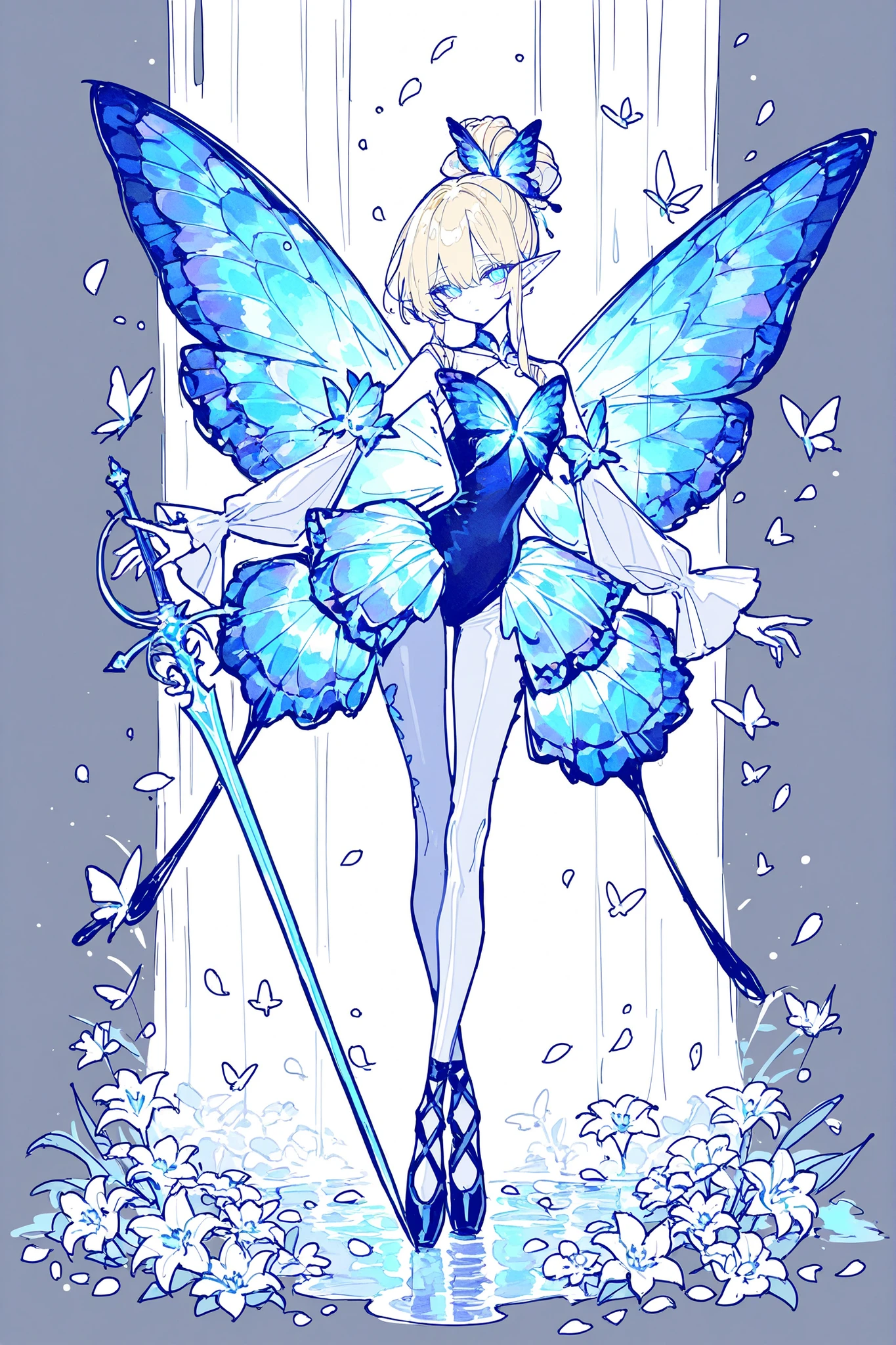 (ma1ma1helmes_b_illu,sketch,butterfly leotard, narrow waist,) Faèrie princess. She has dexterous athletic physique of ballerina, long flexible thin six-fingered limbs. She has eight mother-of-pearl multicolored dragonfly wings. She has pale ivory skin and long pointy elf ears. Her eyes are sky-blue with glowing sigils of stars. She has longest loose golden-blonde ringlet hair, pulled up in wide updo ponytail decorated with pink roses and live butterflies. She wearing light-pink mini top with long elvish bell sleeves-butterfly wings, white petals layered elvish mini skirt, light-violet leggings with medieval pointe ballet shoes. She carries with her a half-handed sword, witch needle-blade made from sharp bone. (On the background: An evergreen forest with a glade of multicolored lilies, a flock of butterflies fluttering over it. Huge crystals grow from the ground around the waterfall. There's a rainbow in the sky.)