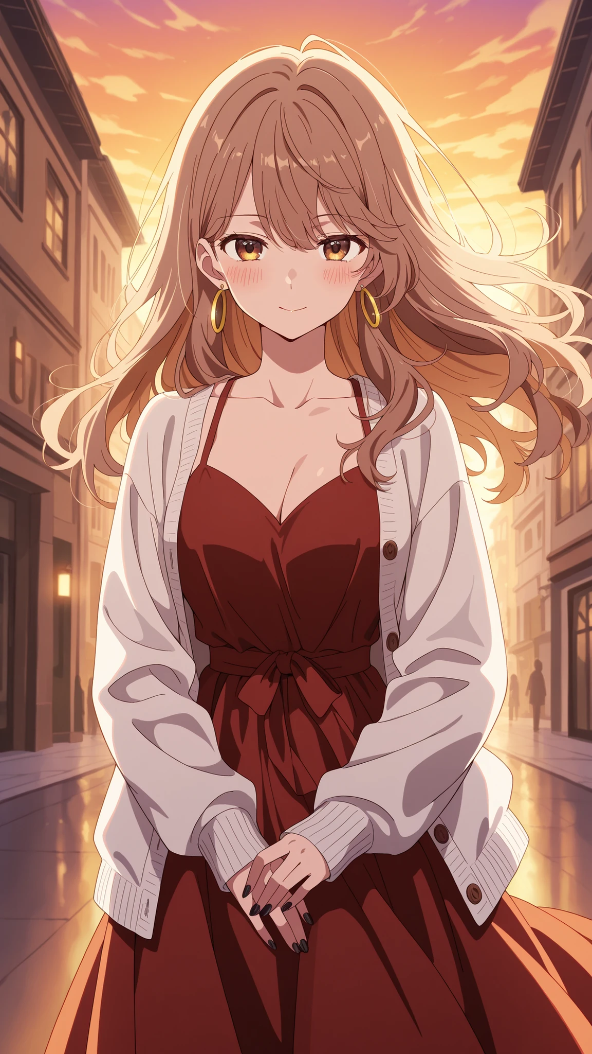 BREAK (masterpiece:1.2), best quality, high resolution, unity 8k wallpaper, (illustration:0.8), (beautiful detailed eyes:1.6),Anime-style view from the street, skyscrapers glowing in orange and purple sunset light. The sky burns with warm colors between tall buildings, windows reflecting the glow. Romantic and calm atmosphere, cinematic wide-angle, highly detailed illustration,no people,blush, seductive expression, miyako saitou, long hair, brown hair, brown eyes,,dress, cleavage, jewelry, cardigan, earrings, red dress, hoop earrings, white cardigan, long sleeves,cowboy shot,looking at viewer,floating hair,black nails,