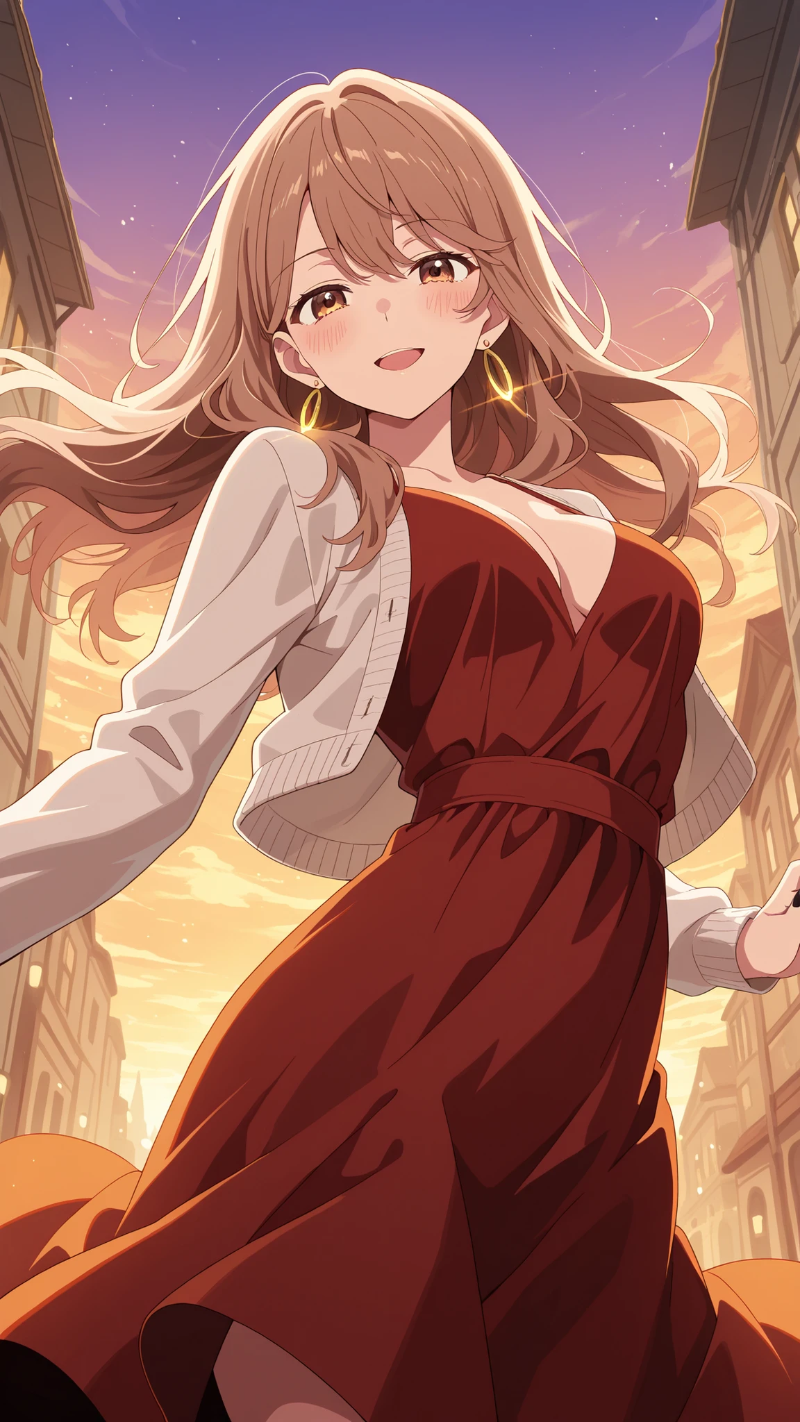 BREAK (masterpiece:1.2), best quality, high resolution, unity 8k wallpaper, (illustration:0.8), (beautiful detailed eyes:1.6),Anime-style view from the street, skyscrapers glowing in orange and purple sunset light. The sky burns with warm colors between tall buildings, windows reflecting the glow. Romantic and calm atmosphere, cinematic wide-angle, highly detailed illustration,no people,blush, seductive expression, miyako saitou, long hair, brown hair, brown eyes,,dress, cleavage, jewelry, cardigan, earrings, red dress, hoop earrings, white cardigan, long sleeves,cowboy shot,looking at viewer,floating hair,black nails,floating dress,arched back,smile,from below,open mouth,