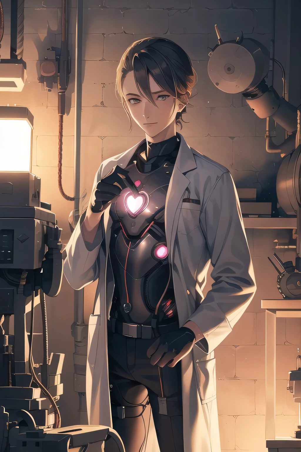 depict a robot human heart maintenance，Can the female robot，Chest opening，artificial heart，bust up,clean room，electrode code，We are connected，a robot man undergoing maintenance and a mechanic in a white coat，