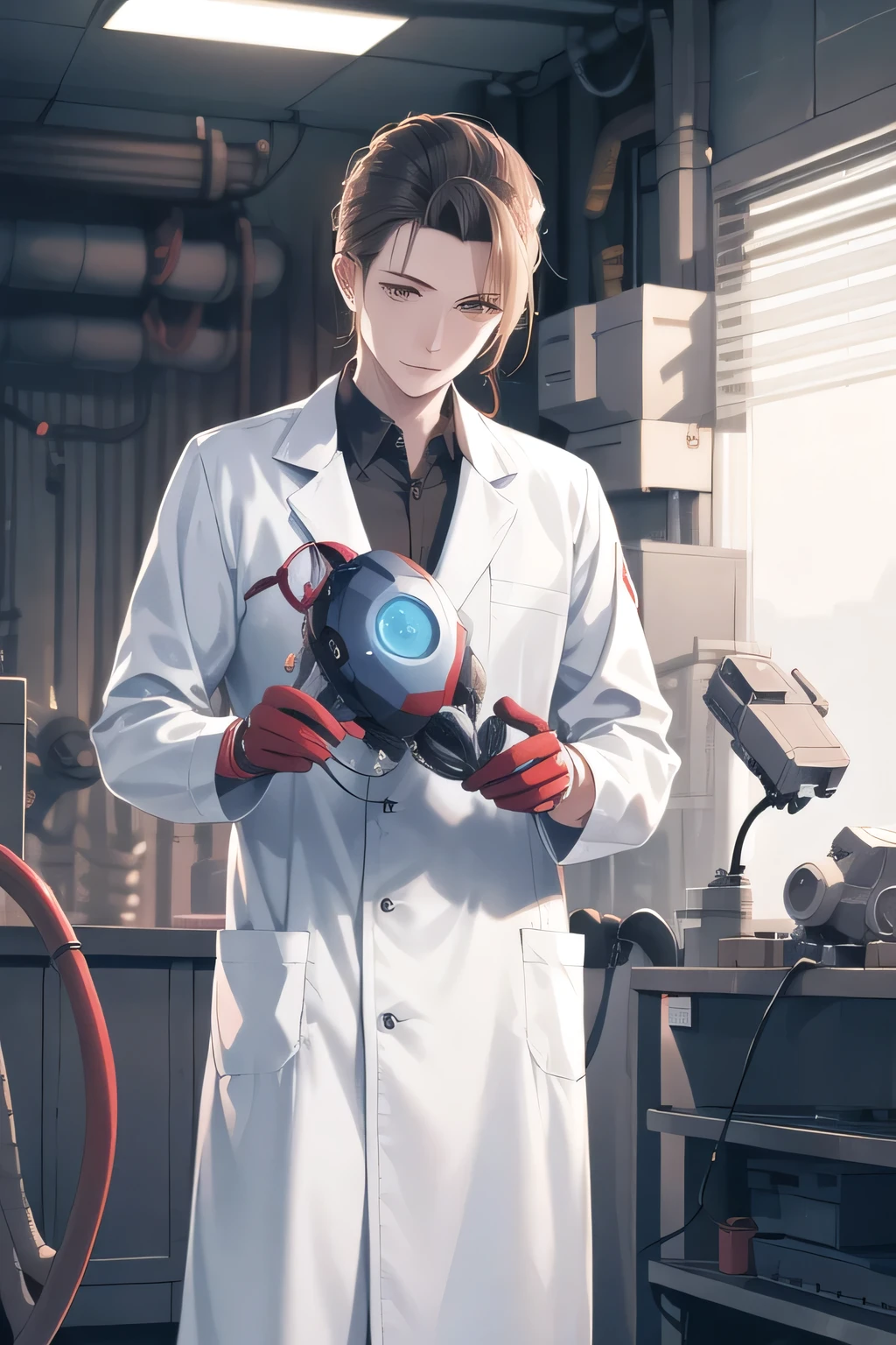 depict a robot human heart maintenance,Can the female robot,Chest opening,artificial heart,bust up,clean room,electrode code,We are connected,a robot man undergoing maintenance and a mechanic in a white coat,