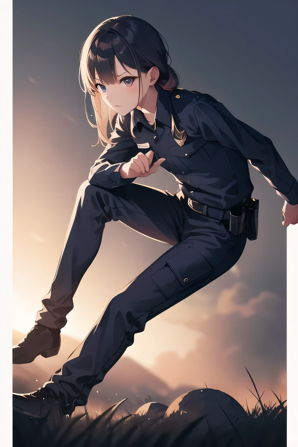 machine maintaining a human heart，More Delicate 、can you draw an intimidating expression，can you draw details of human arms and legs,   please  ， Hair stands on end ,Alert mode expression，drawing an increasingly delicate expression，警戒心の強い表情の  maleを周りを見回して描く {X} アメリカンポリスのコスプレをした  maleを描いていただけますか {X} At night、can you draw details of human arms and legs，アメリカ合衆国の警官の衣装を着た       maleを描いていただけますか、navy blue uniform，and my hair stands on end,ruthless gaze ，32-year-old cop,周囲を観察する警戒態勢の表情の       maleを描いてください,cinematic Use lighting and ray tracing  ，オールバックでand my hair stands on end黒い髪,       male,      male,,cinematic Use lighting and ray tracing ,Standing full body ,  please   draw a More Delicate  eXpression,can you draw details of human arms and legs，  please   draw a More Delicate  eXpression，can you draw details of human arms and legs accurately {X} Face comes first，reality，