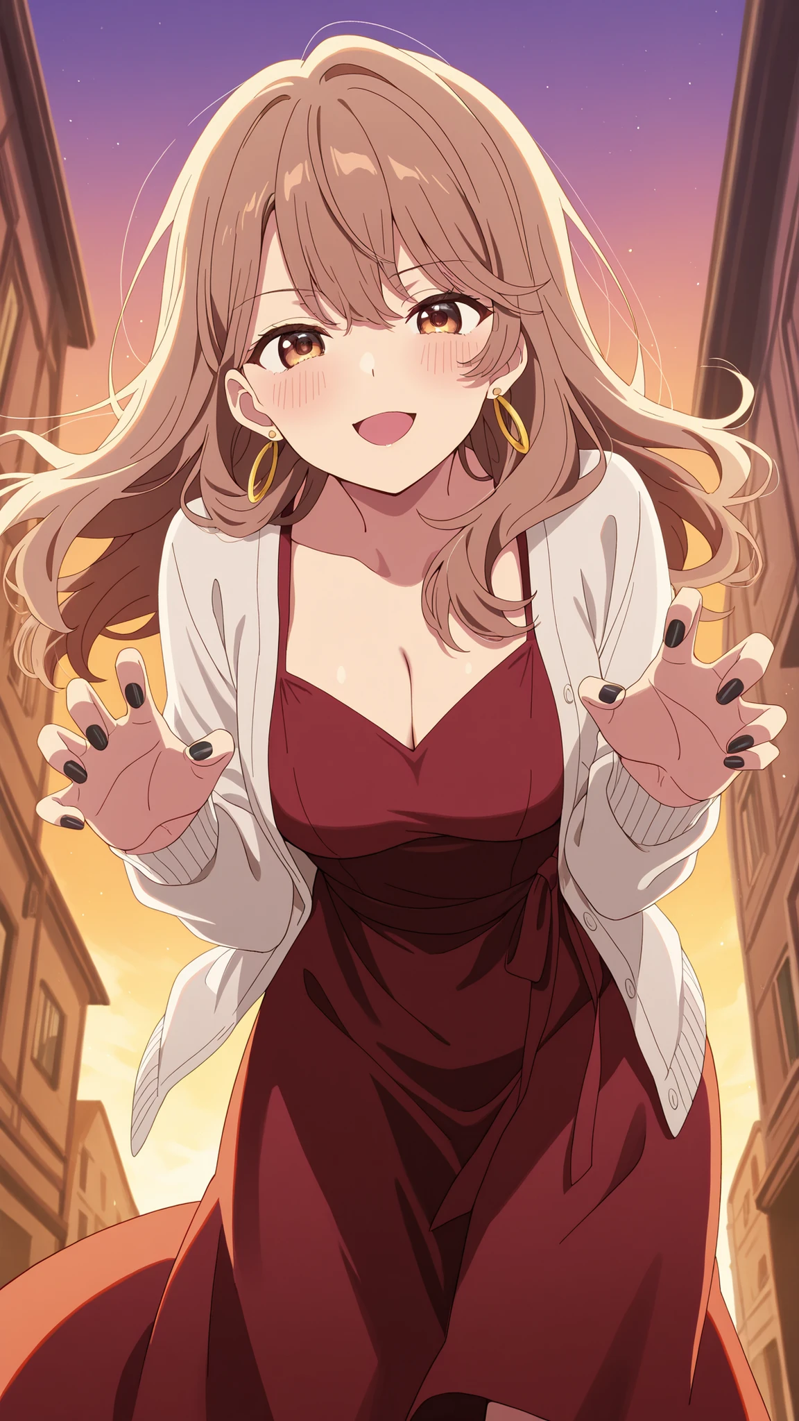 BREAK (masterpiece:1.2), best quality, high resolution, unity 8k wallpaper, (illustration:0.8), (beautiful detailed eyes:1.6),Anime-style view from the street, skyscrapers glowing in orange and purple sunset light. The sky burns with warm colors between tall buildings, windows reflecting the glow. Romantic and calm atmosphere, cinematic wide-angle, highly detailed illustration,no people,blush, seductive expression, miyako saitou, long hair, brown hair, brown eyes,,dress, cleavage, jewelry, cardigan, earrings, red dress, hoop earrings, white cardigan, long sleeves,cowboy shot,looking at viewer,floating hair,black nails,floating dress,playfull grapping pose,claw hand,from below,bent over,excited,