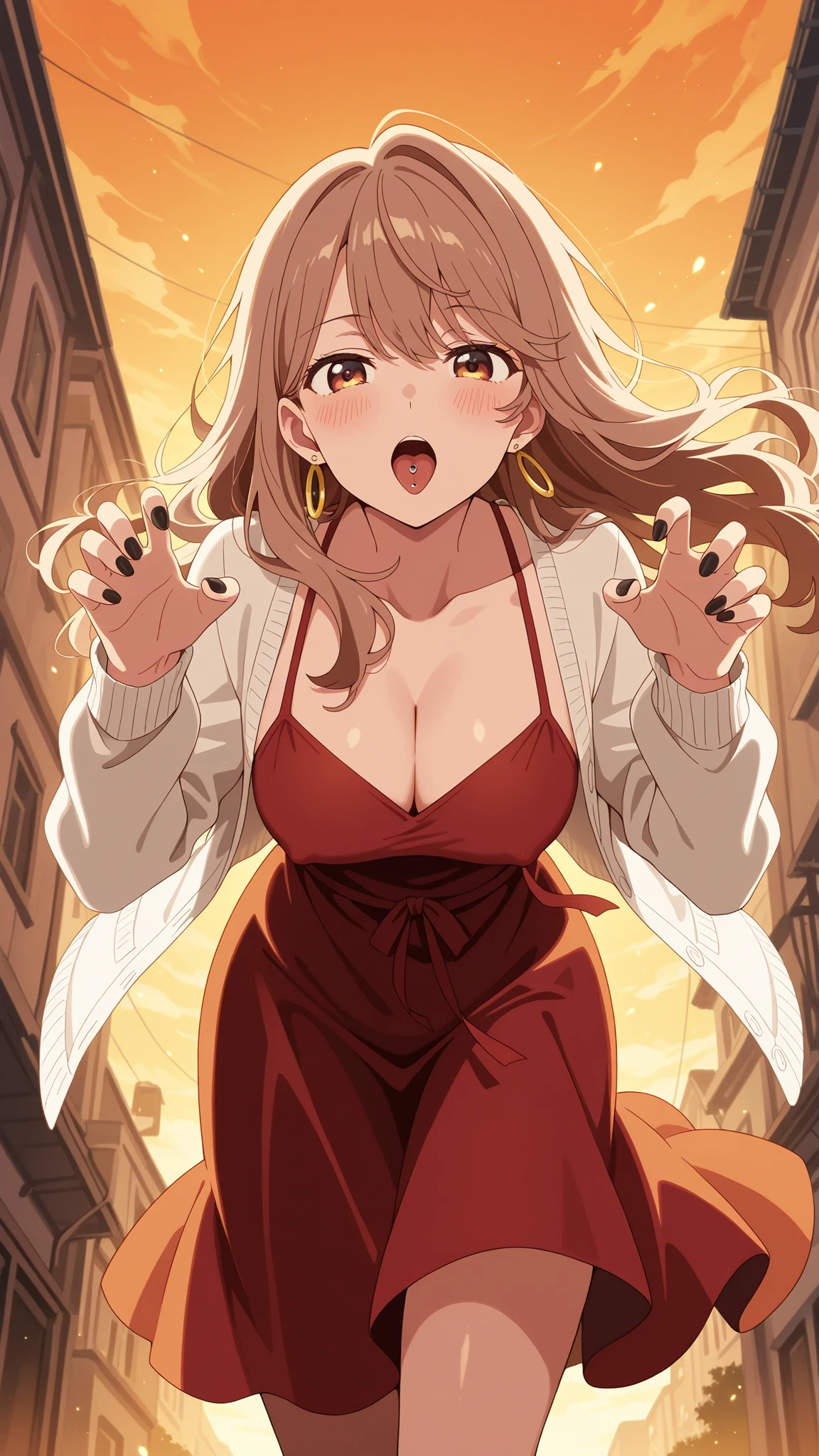 BREAK (masterpiece:1.2), best quality, high resolution, unity 8k wallpaper, (illustration:0.8), (beautiful detailed eyes:1.6),Anime-style view from the street, skyscrapers glowing in orange and purple sunset light. The sky burns with warm colors between tall buildings, windows reflecting the glow. Romantic and calm atmosphere, cinematic wide-angle, highly detailed illustration,no people,blush, seductive expression, miyako saitou, long hair, brown hair, brown eyes,,dress, cleavage, jewelry, cardigan, earrings, red dress, hoop earrings, white cardigan, long sleeves,cowboy shot,looking at viewer,floating hair,black nails,floating dress,playfull grapping pose,claw hand,from below,bent over,excited,berely vissible nipples,showing tongue,open mouth,tongue piercing