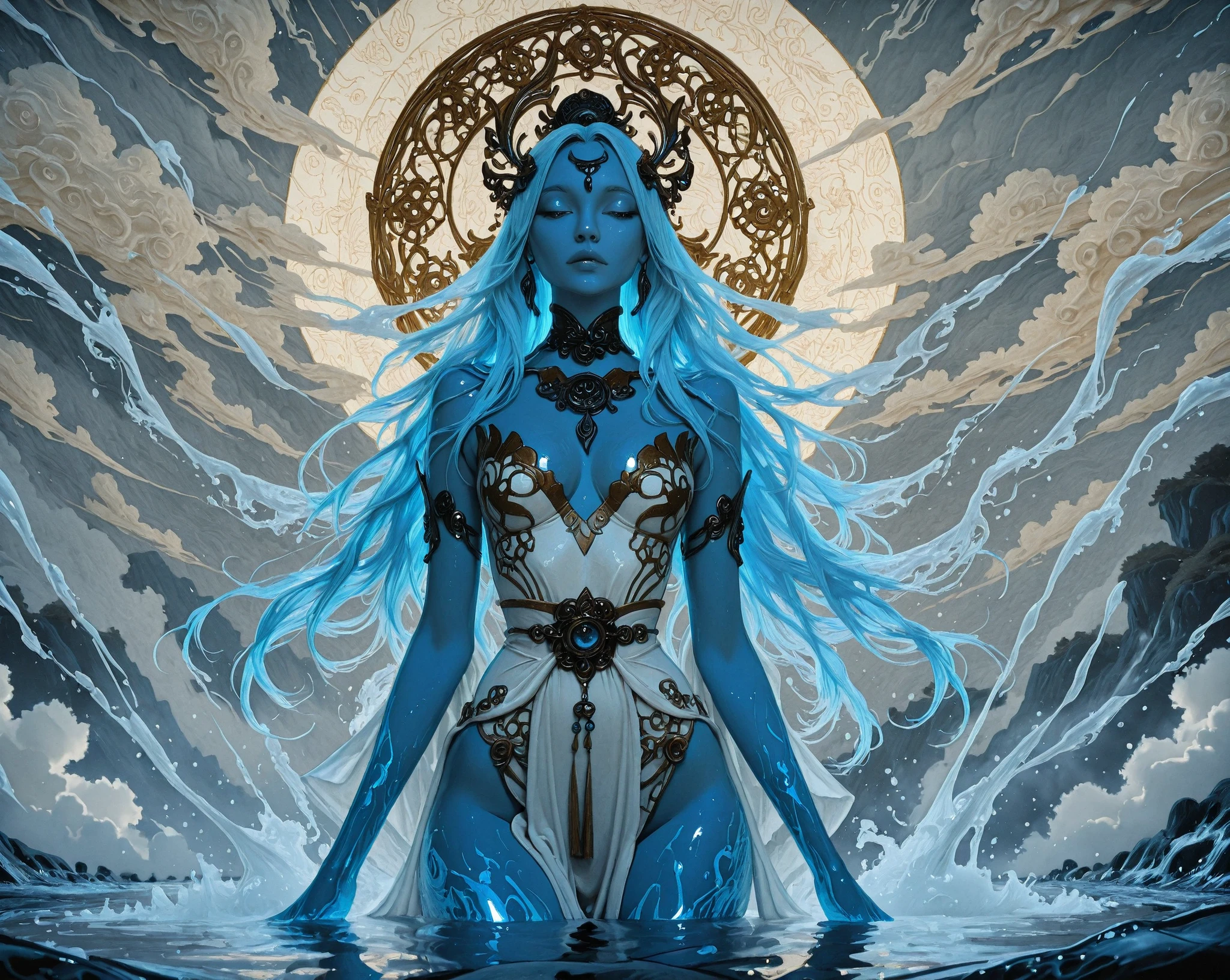 Formed by a neon smoke,A beautiful illustration of the water goddess, a full-body portrait in a vector style with line art and flat design. The color scheme is inspired by black porcelain, with a Chinese ink painting style and a cloud pattern background. The artwork features fantasy elements from Chinese mythology, rendered using Octane. The ethereal atmosphere is complemented by colorful cartoon character designs in the style of James Jean. masterpiece,high quality,extremely detailed,illustrated,,The lines are as soft, natural and long as flowing water, pretty girl,Ink painting mood,dream, surrealistic ,Stream of consciousness, Smoke Texture ,Minimalism,illusory,Aesthetic,Smear,brushed,Zen,Extremely delicate,Ultra HD