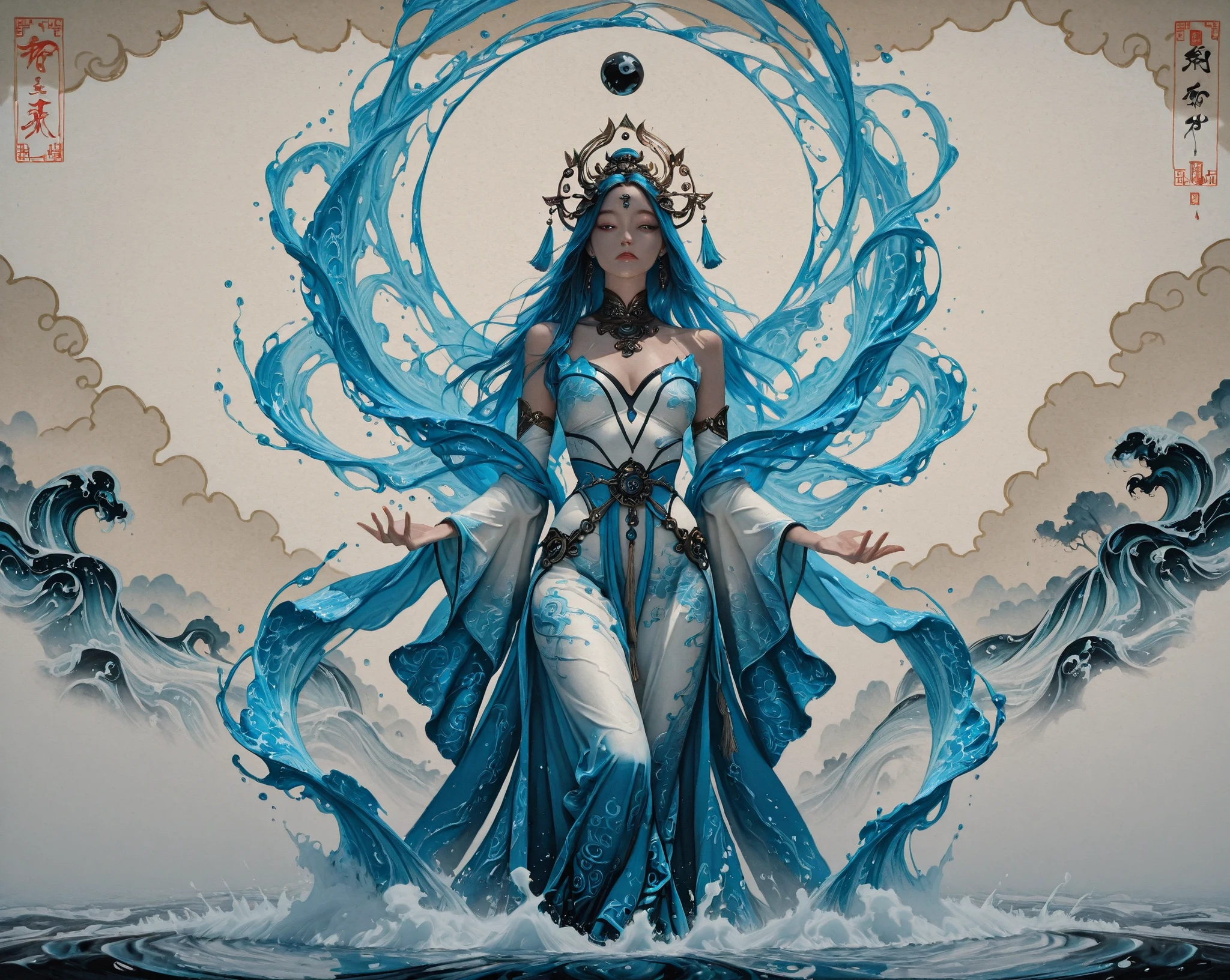 Formed by a neon smoke,A beautiful illustration of the water goddess, a full-body portrait in a vector style with line art and flat design. The color scheme is inspired by black porcelain, with a Chinese ink painting style and a cloud pattern background. The artwork features fantasy elements from Chinese mythology, rendered using Octane. The ethereal atmosphere is complemented by colorful cartoon character designs in the style of James Jean. masterpiece,high quality,extremely detailed,illustrated,,The lines are as soft, natural and long as flowing water, pretty girl,Ink painting mood,dream, surrealistic ,Stream of consciousness, Smoke Texture ,Minimalism,illusory,Aesthetic,Smear,brushed,Zen,Extremely delicate,Ultra HD