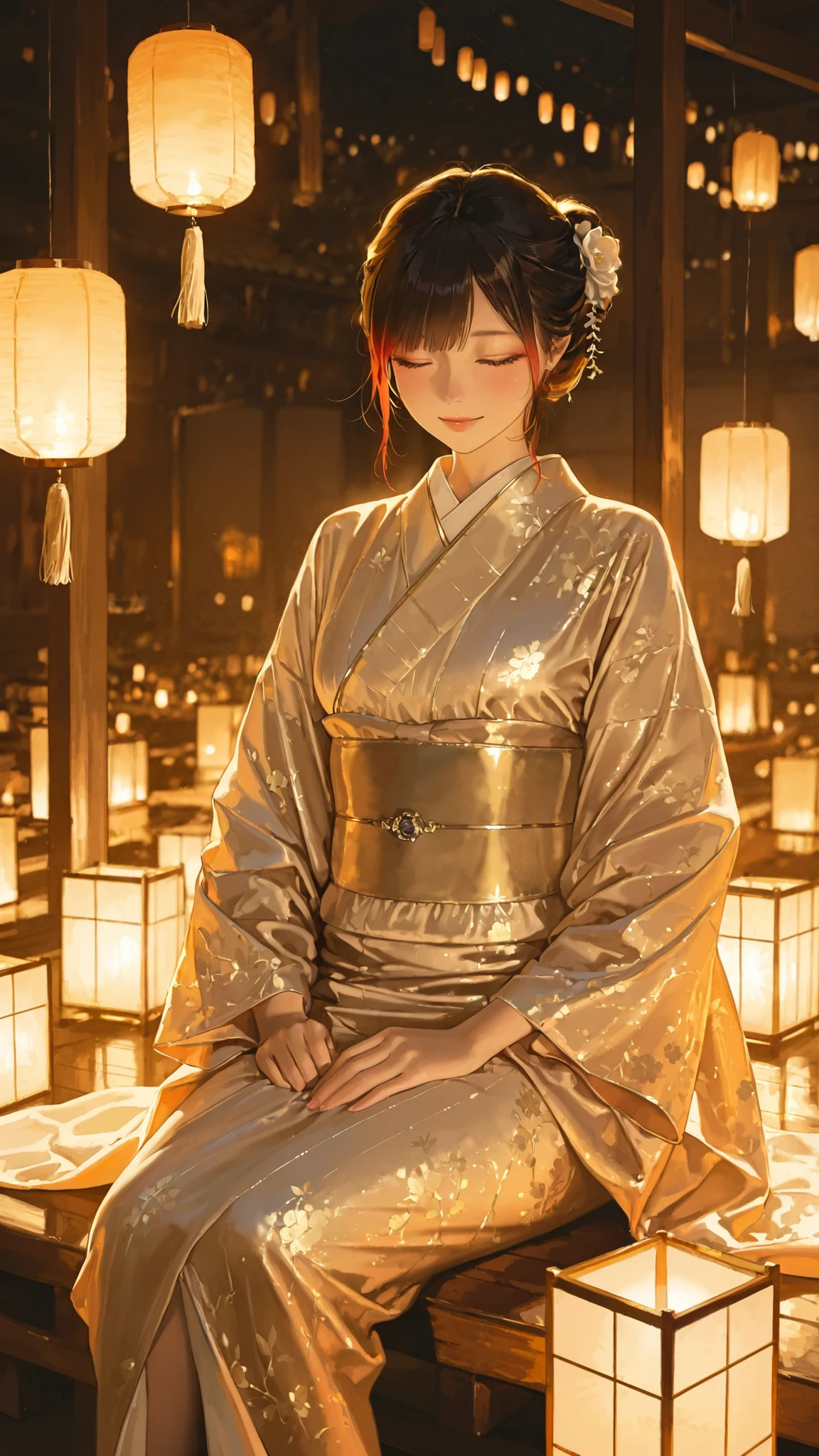 high-resolution, fine art portrait, photorealistic, cinematic lighting, exquisite detail, fine textures, elegant Asian woman, sits gracefully, loose bun with soft strands, detailed face, modern silk kimono, fabric folds, warm glow from paper lanterns, shoji screens, gentle patterns of light and shadow, minimalist Japanese décor, distant longing expression, gazes off to side, serene, emotionally evocative, soft highlights on fabric, subtle depth, warm color palette, tradition meets modern grace