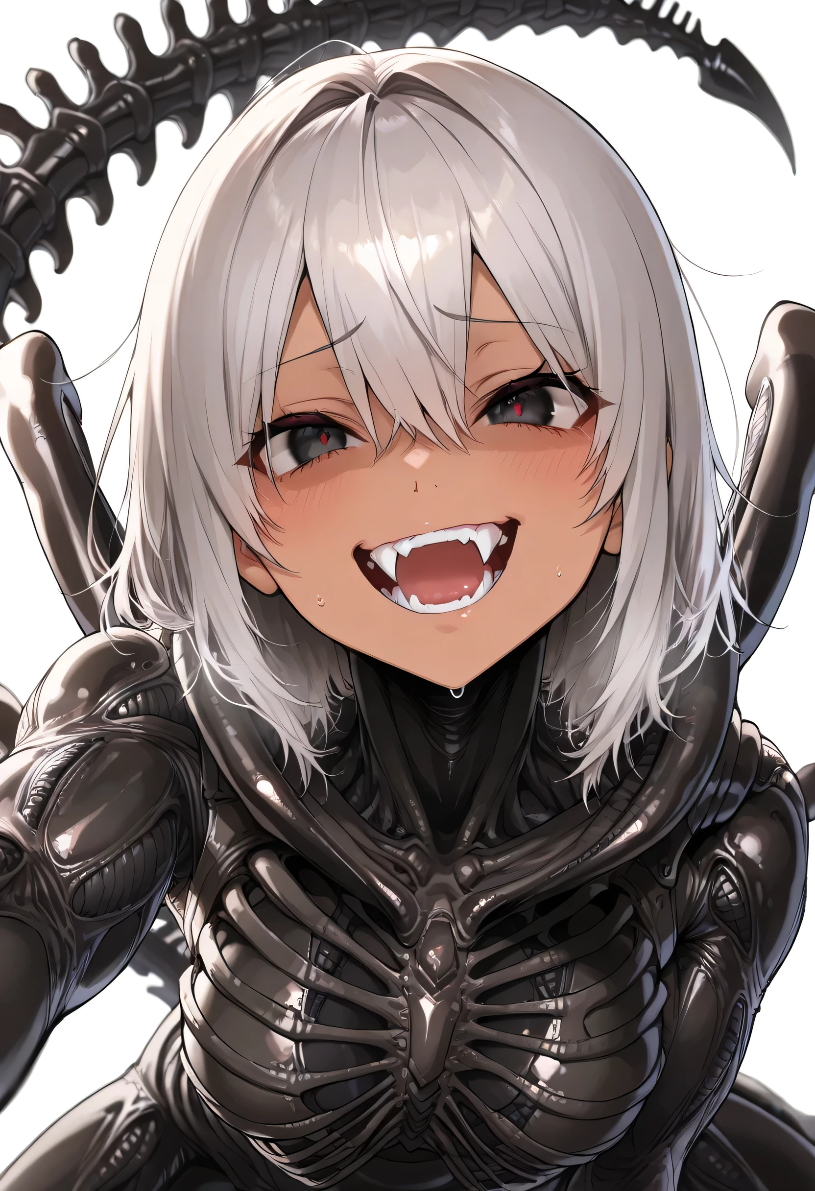 Fraction_9, Fraction_8_Up, Fraction_7_Up, Fraction_6_Up, Fraction_5_Up, Fraction_4_Up, masterpiece after sex, high quality, Half Body, Interrupt, 1 girl, ( solo，Xenomorphification, Dark-skinned, alien, Fangs, Gray Hair, Human head, Human nose, Humanoid face , pretty faces, hairs between eyes, Tail, Muscle body, White background(dismissive expression,despise,humiliated expression,  wicked expression  ,Wicked Smile,,qgm),dark eyes,Shut up,((Capture viewers，Outstretched arm))),(  evil depraved ))