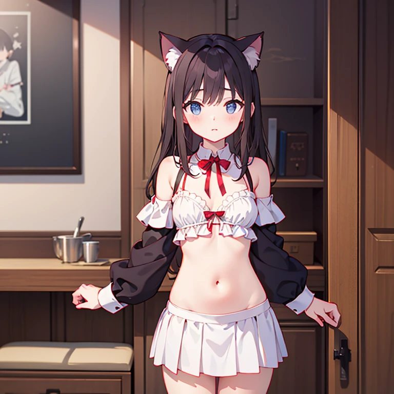 ((Top Quality,8k, 32k,Masterpiece:1.2)), loli, gravure, cat ears, grin, , showing panties