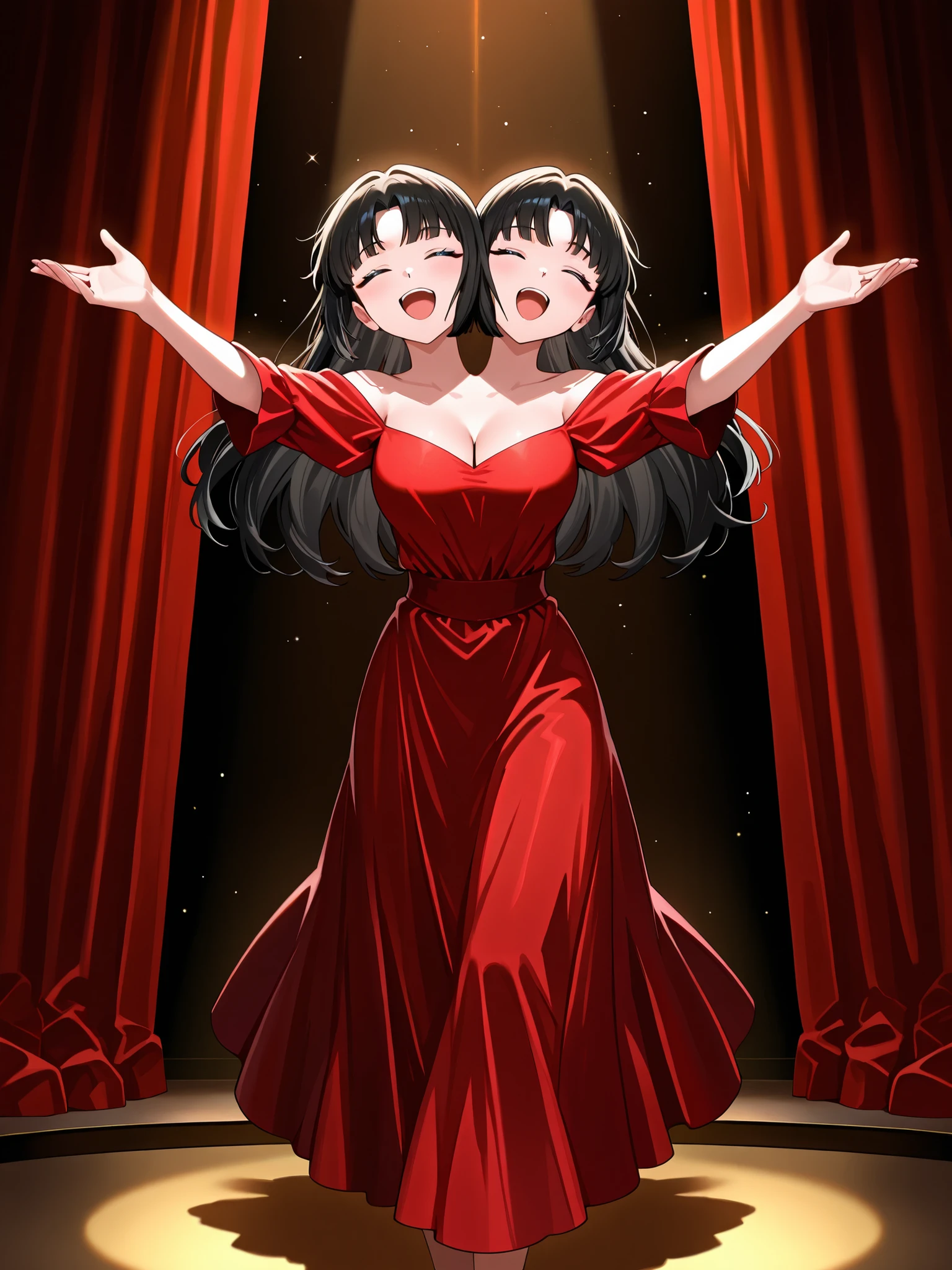 conjoined, anime girl with two heads, long black hair, bangs, closed eyes, open mouth, happy, singing, arms outstretched, hands facing outward, cleavage, red dress, walking through a red curtain, theater stage, spotlight, dark backdrop, text: "Twice the Love"