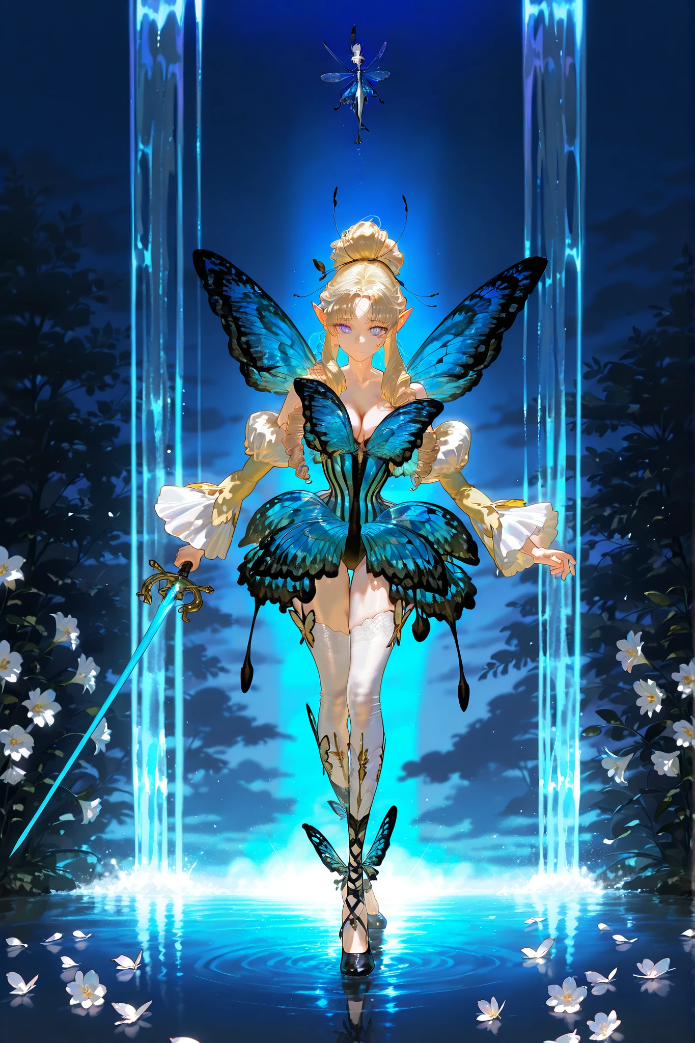 (butterfly leotard, narrow waist,)  Faèrie princess. She has dexterous athletic physique of ballerina, long flexible thin six-fingered limbs. She has eight mother-of-pearl multicolored dragonfly wings. She has pale ivory skin and long pointy elf ears. Her eyes are sky-blue with glowing sigils of stars. She has longest loose golden-blonde ringlet hair, pulled up in  wide updo ponytail decorated with pink roses and live butterflies. She wearing light-pink mini top with long elvish bell sleeves-butterfly wings, white petals layered elvish mini skirt, light-violet leggings with medieval pointe ballet shoes. She carries with her a half-handed sword, witch needle-blade made from sharp bone. (On the background: An evergreen forest with a glade of multicolored lilies, a flock of butterflies fluttering over it. Huge crystals grow from the ground around the waterfall. There's a rainbow in the sky.)