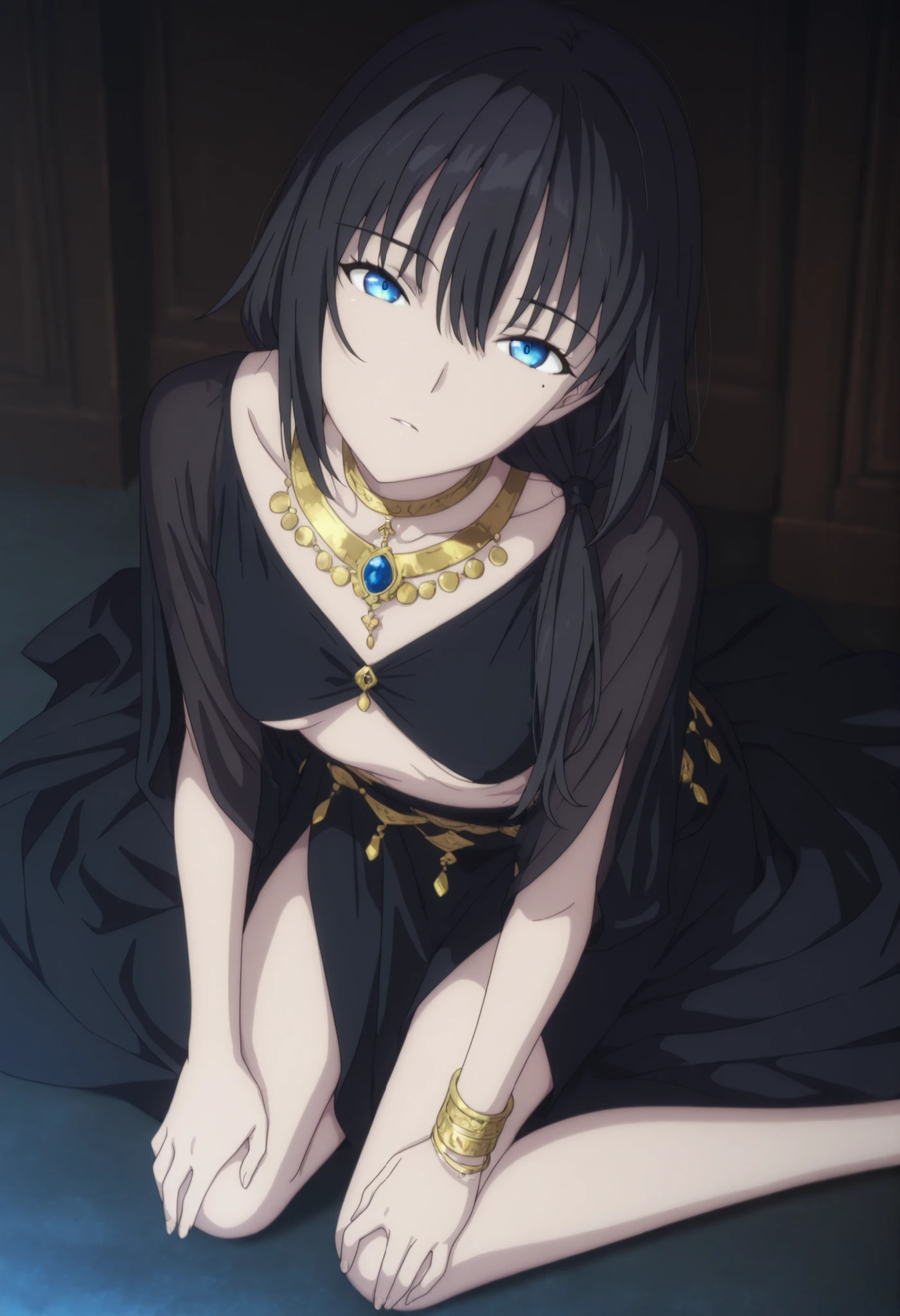 masterpiece, best quality, amazing quality, highres, absurdres, very aesthetic, high resolution,  ,ultra detailed, perfect details, , 1girl, solo, indoors,((dark church)) , (detailed background:1.2),from above,() , minami kano, long hair, low ponytail, ((black hair)), long bangs, , blue eyes, (detailed beautiful eyes), bracelet, ((pale dancer outfit)), (flat chest),under boob, sagging breasts , (aged up:1.5),(), looking at viewer, (anime coloring), , pose, , head tilt, slim body, slender body, slim arms, long legs, pale skin, yokozuwari, hands on knees, mole under eye,