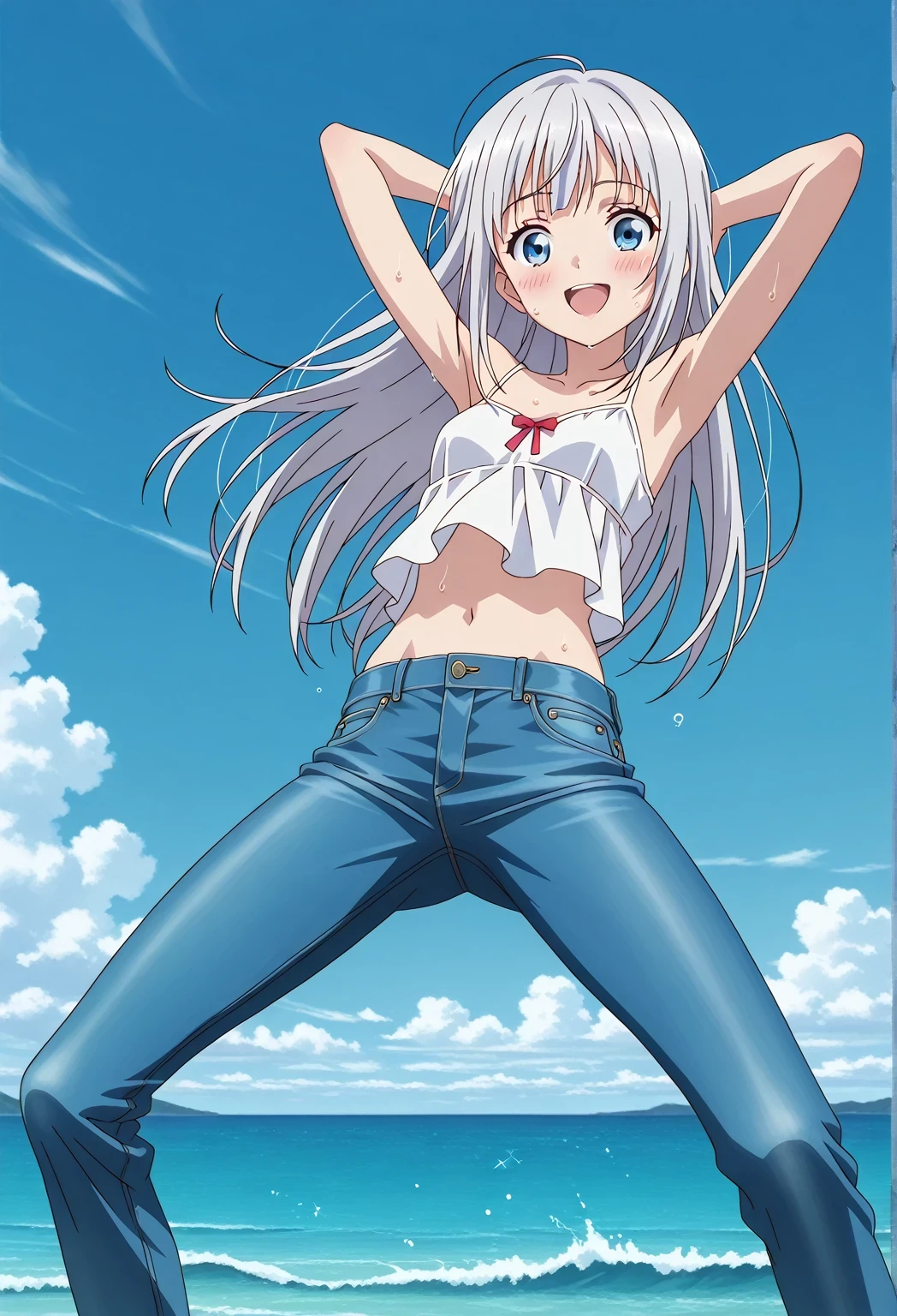 score_9, score_8_up, score_7_up, source_anime, highres, hi res, ((best quality, top quality, perfect quality, Highest Quality, amazing quality)), {{masterpiece}}, {{an extremely delicate and beautiful}}, 2d, intricate details, official style, anime, 8k, anime style, official_anime, official art, digital painting, cell shading, soft shading, high resolution, soothing tones, Subdued Color, Soft cinematic light, adobe lightroom, photolab, HDR, intricately and hyper-detailed, ((high quality animation)), 1 girl, Alone, solo, ((ocean)), tsunami, on the water, day, sunny, outdoors, sky, windy, 1 beautiful animation girl, long hair, bangs, white hair, blue eyes, anime screencap, small breasts, white camisole top, crop top, white crop top, best quality, hyper-detailed jeans, ((blue jeans:1.9)), (dark blue jeans:0.6), full medium body, medium shot, Open mouth, smiling, happy face, blush, sweat, standing, ((arms behind head:6.0)), bowlegged, jumping pose, action, looking at viewer, spread legs, Bend knees slightly, straight-on front view
