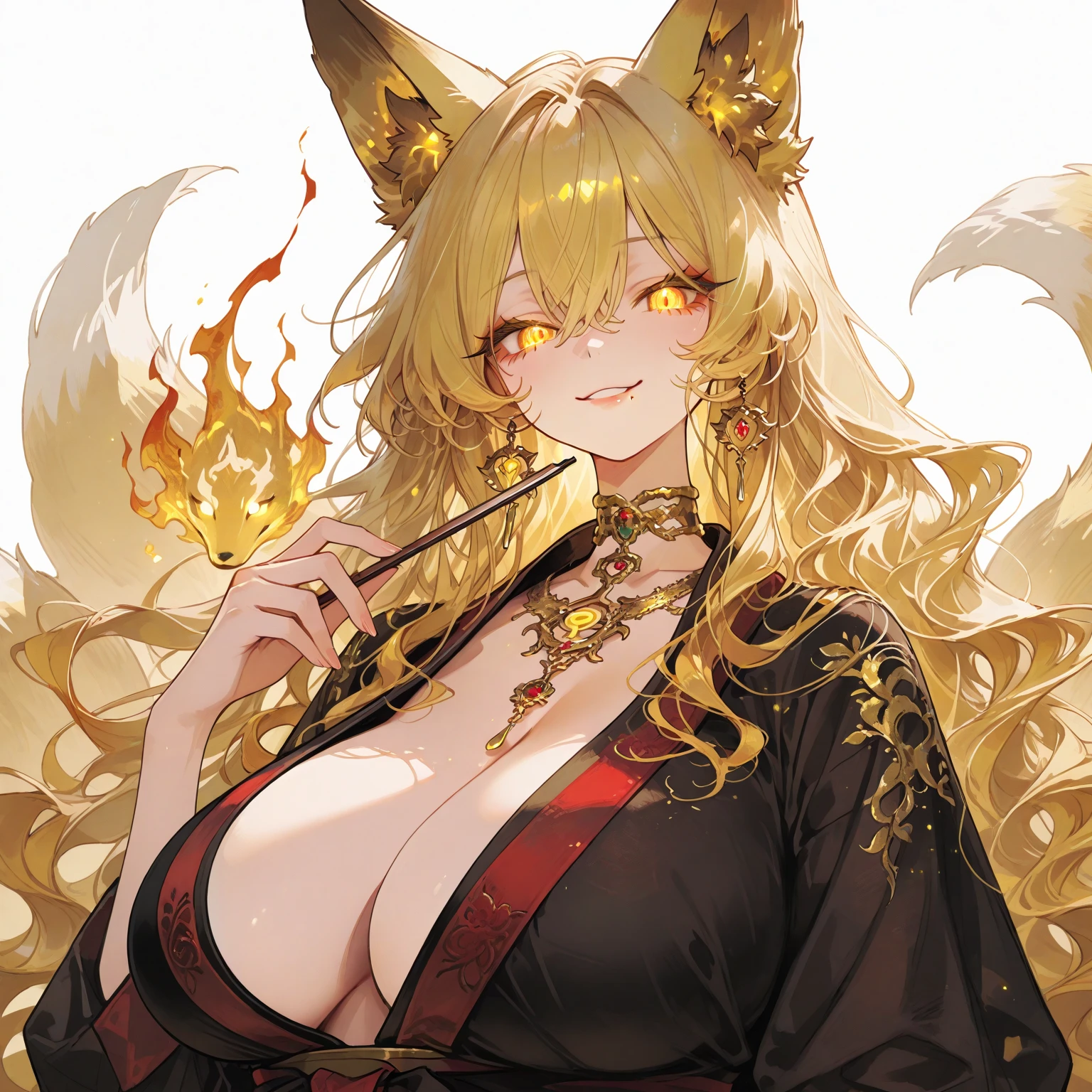 REALISTIC VISION 1.4, BETTER VAE,sharp focus, ultra detail, 32k,realistic photo, intricate details, kitsune, blond hair, (blond hair), gold eyes, intricate details ,woman, nine tails, intricate details,intricate details,big , Voluptuous body, intricate details, Miko, clothes long white dress with red details intricate details, tattoos intricate details, full body,  with a orange nine tails fox , kiuubi (kurama, naruto), angry face, (angry)