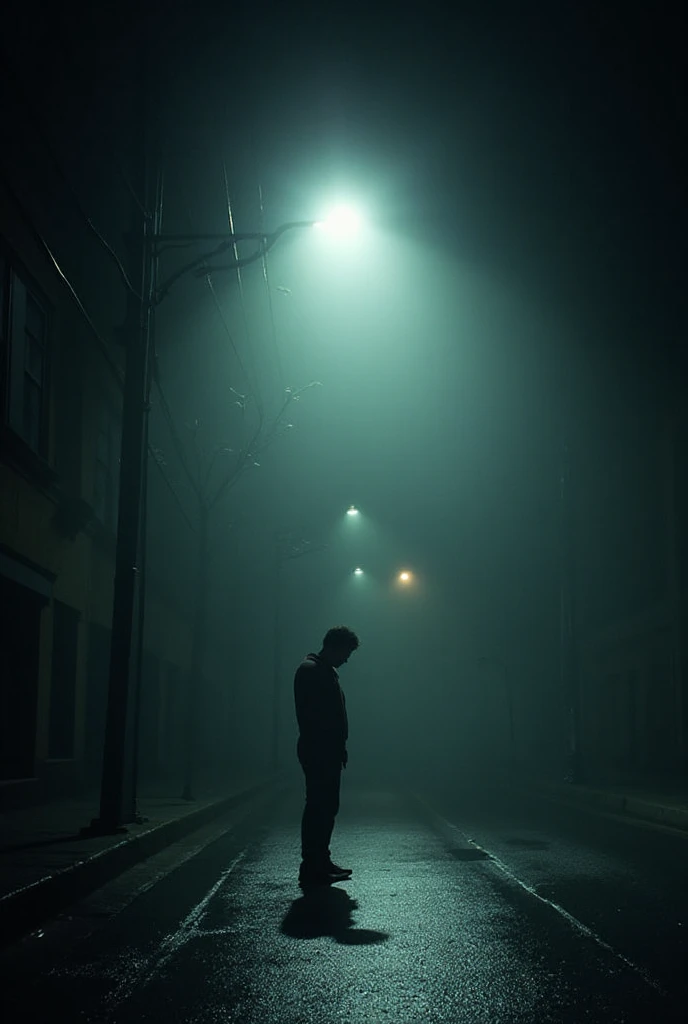 A lone figure stands under a dim, hazy streetlight on an empty city ...