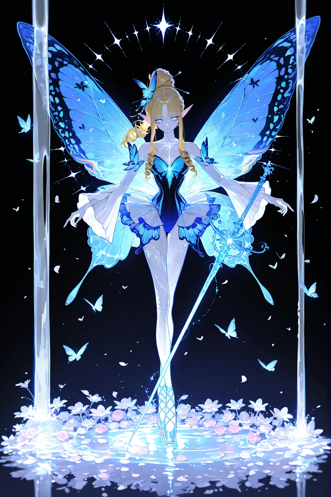 (butterfly leotard, narrow waist,xxx667_illu,) Faèrie princess. She has dexterous athletic physique of ballerina, long flexible thin six-fingered limbs. She has eight mother-of-pearl multicolored dragonfly wings. She has pale ivory skin and long pointy elf ears. Her eyes are sky-blue with glowing sigils of stars. She has longest loose golden-blonde ringlet hair, pulled up in wide updo ponytail decorated with pink roses and live butterflies. She wearing light-pink mini top with long elvish bell sleeves-butterfly wings, white petals layered elvish mini skirt, light-violet leggings with medieval pointe ballet shoes. She carries with her a half-handed sword, witch needle-blade made from sharp bone. (On the background: An evergreen forest with a glade of multicolored lilies, a flock of butterflies fluttering over it. Huge crystals grow from the ground around the waterfall. There's a rainbow in the sky.)