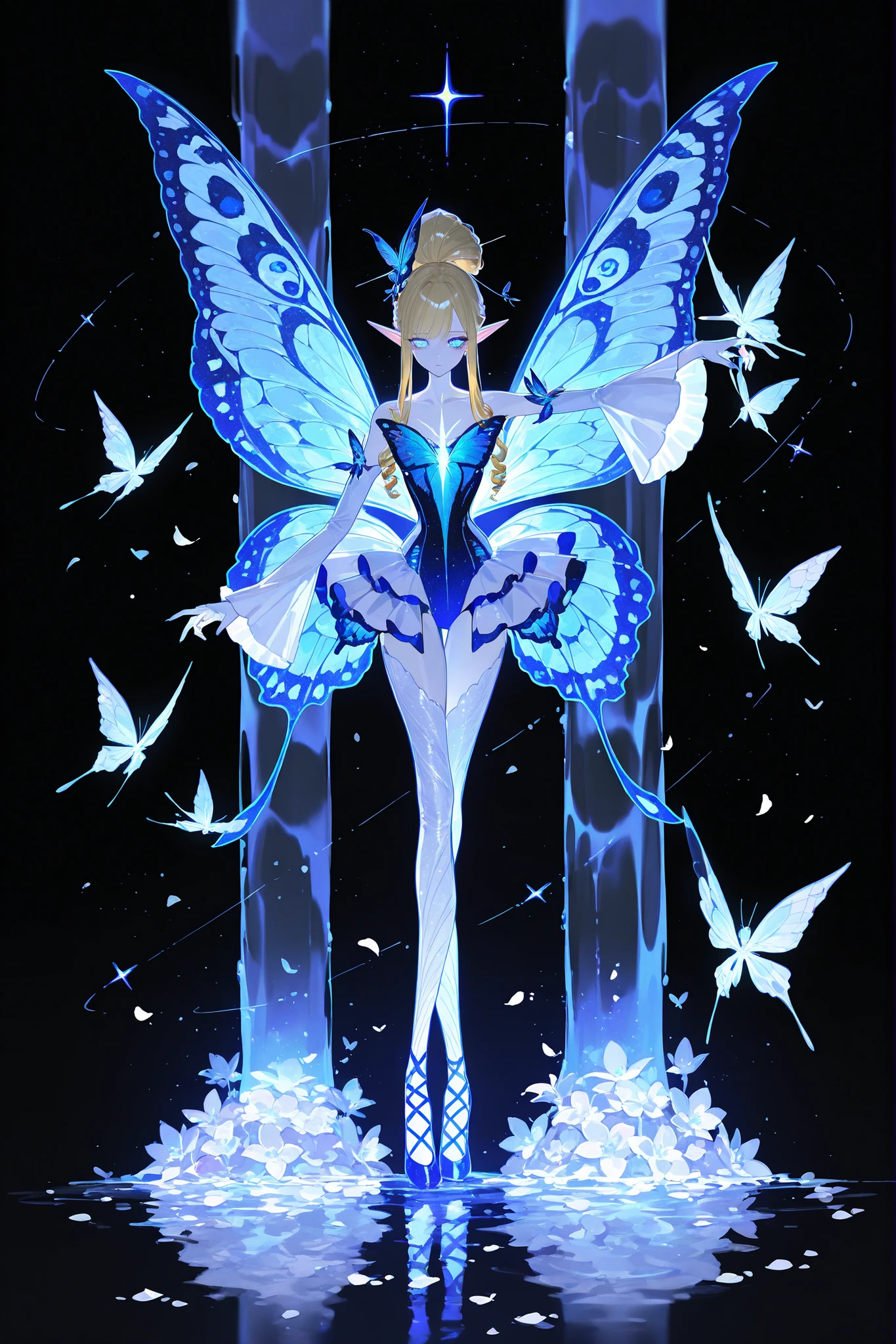 (butterfly leotard, narrow waist,xxx667_illu,) Faèrie princess. She has dexterous athletic physique of ballerina, long flexible thin six-fingered limbs. She has eight mother-of-pearl multicolored dragonfly wings. She has pale ivory skin and long pointy elf ears. Her eyes are sky-blue with glowing sigils of stars. She has longest loose golden-blonde ringlet hair, pulled up in wide updo ponytail decorated with pink roses and live butterflies. She wearing light-pink mini top with long elvish bell sleeves-butterfly wings, white petals layered elvish mini skirt, light-violet leggings with medieval pointe ballet shoes. She carries with her a half-handed sword, witch needle-blade made from sharp bone. (On the background: An evergreen forest with a glade of multicolored lilies, a flock of butterflies fluttering over it. Huge crystals grow from the ground around the waterfall. There's a rainbow in the sky.)