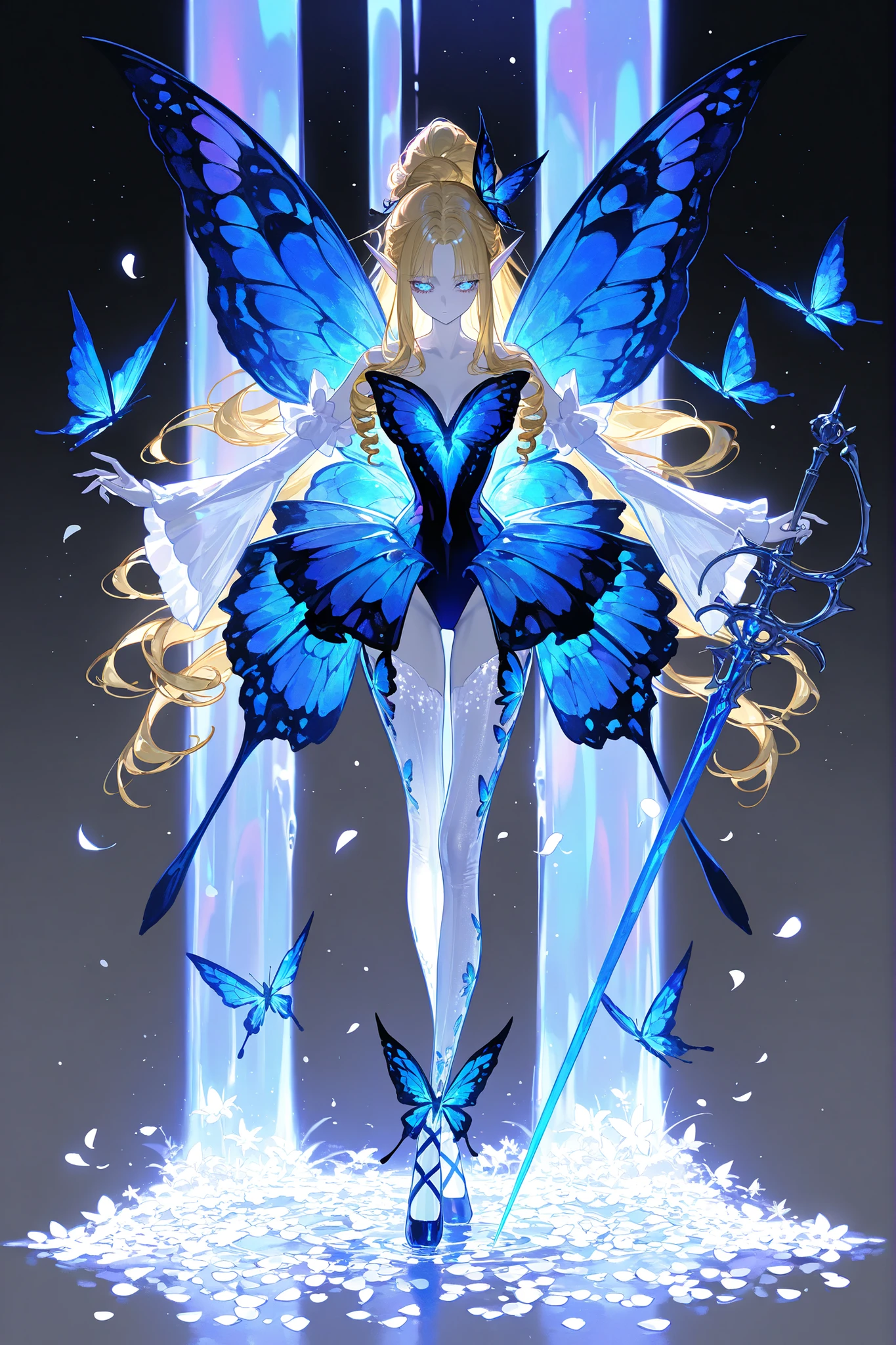 (butterfly leotard, narrow waist,xxx667_illu,) Faèrie princess. She has dexterous athletic physique of ballerina, long flexible thin six-fingered limbs. She has eight mother-of-pearl multicolored dragonfly wings. She has pale ivory skin and long pointy elf ears. Her eyes are sky-blue with glowing sigils of stars. She has longest loose golden-blonde ringlet hair, pulled up in wide updo ponytail decorated with pink roses and live butterflies. She wearing light-pink mini top with long elvish bell sleeves-butterfly wings, white petals layered elvish mini skirt, light-violet leggings with medieval pointe ballet shoes. She carries with her a half-handed sword, witch needle-blade made from sharp bone. (On the background: An evergreen forest with a glade of multicolored lilies, a flock of butterflies fluttering over it. Huge crystals grow from the ground around the waterfall. There's a rainbow in the sky.)