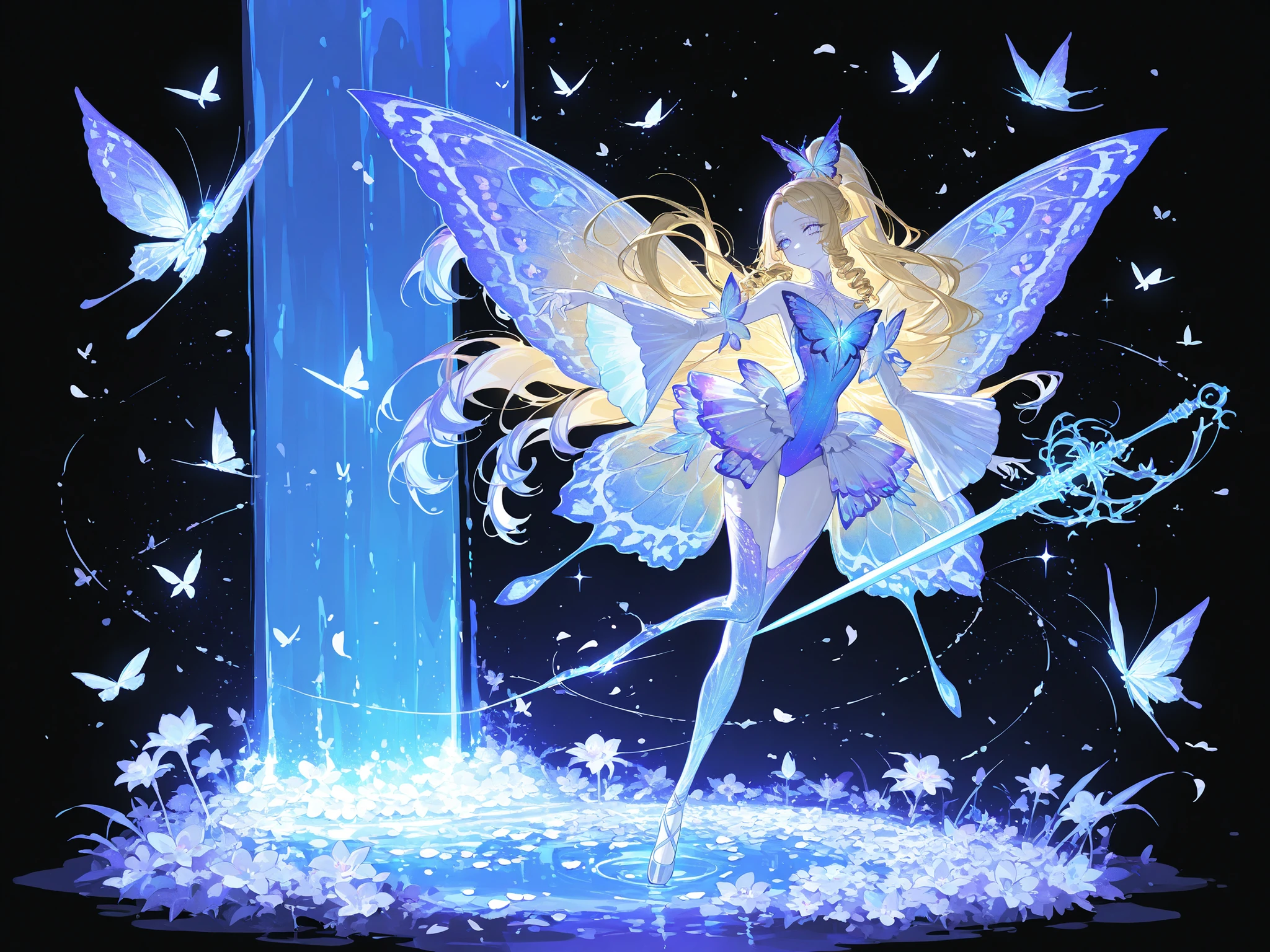 (butterfly leotard, narrow waist,xxx667_illu,) Faèrie princess. She has dexterous athletic physique of ballerina, long flexible thin six-fingered limbs. She has eight mother-of-pearl multicolored dragonfly wings. She has pale ivory skin and long pointy elf ears. Her eyes are sky-blue with glowing sigils of stars. She has longest loose golden-blonde ringlet hair, pulled up in wide updo ponytail decorated with pink roses and live butterflies. She wearing light-pink mini top with long elvish bell sleeves-butterfly wings, white petals layered elvish mini skirt, light-violet leggings with medieval pointe ballet shoes. She carries with her a half-handed sword, witch needle-blade made from sharp bone. (On the background: An evergreen forest with a glade of multicolored lilies, a flock of butterflies fluttering over it. Huge crystals grow from the ground around the waterfall. There's a rainbow in the sky.)