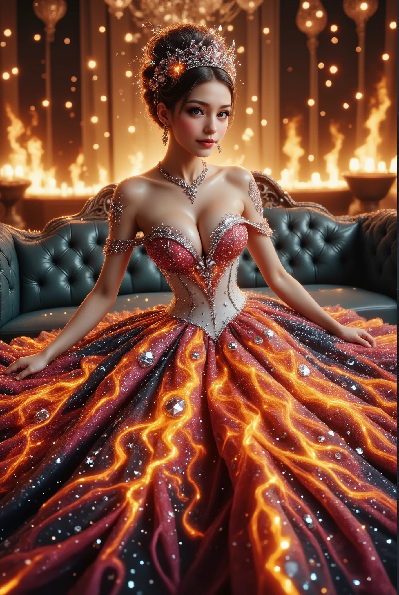A high-resolution, detailed 3D rendering style. A young woman with big bobs, douyin-style makeup, adorned in a lavish gown, strapless dress, is seated against the backdrop of an elegant, tufted sofa. Her gown is striking, with a shimmering bodice adorned with silver trim leading to a voluminous skirt. The skirt features a stunning celestial design, reminiscent of the night sky, peppered with luminous stars and swirling patterns of light—a palette dominated by deep blue hues and warm golden yellow accents. Her hair is elegantly styled and she wears a shimmering tiara, completing her regal look. The atmosphere is one of fantasy and enchantment, enhanced by the ornate decorations surrounding her and the light silhouette of the cosmic sky overhead. Rich in texture and vibrant color, the scene presents a blend of fashion ingenuity and artistic flair, enveloping the viewer in a dreamlike atmosphere. masterpiece,high r,8k,ultra-detailed,photorealistic