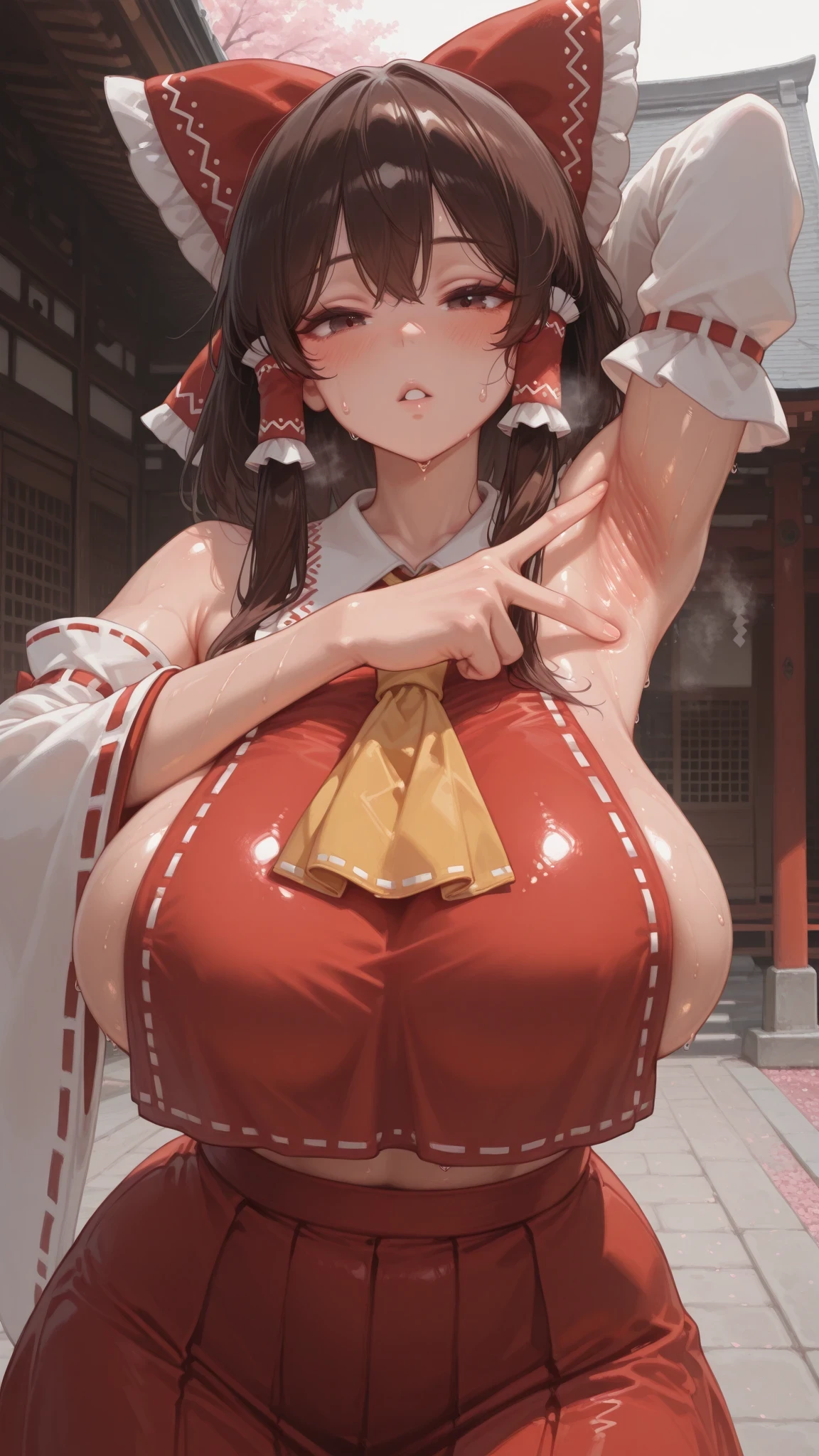 1girl, solo, beautiful girl, UHD, masterpiece, (anatomically correct), textured skin, super detail, high details, high quality, best quality, HD, 8k
hakurei reimu
brown hair, brown eyes, yellow ascot, red shirt, red skirt, hair bow, detached sleeves, white sleeves, miko, , huge , curvy, cowboy shot, look at viewer, Japanese shrine, sakura, side , v, spread armpit, presenting armpit, blush, torogao, breathe heavily, parted lips, sweat, shiny skin