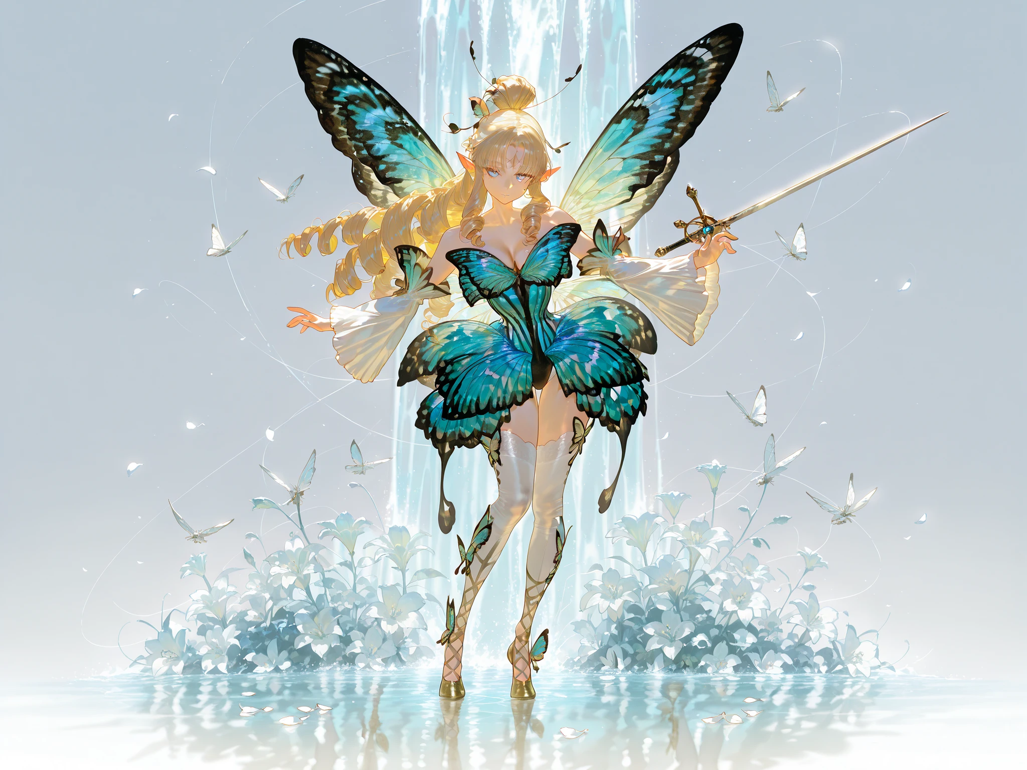 (butterfly leotard, narrow waist,)  Faèrie princess. She has dexterous athletic physique of ballerina, long flexible thin six-fingered limbs. She has eight mother-of-pearl multicolored dragonfly wings. She has pale ivory skin and long pointy elf ears. Her eyes are sky-blue with glowing sigils of stars. She has longest loose golden-blonde ringlet hair, pulled up in  wide updo ponytail decorated with pink roses and live butterflies. She wearing light-pink mini top with long elvish bell sleeves-butterfly wings, white petals layered elvish mini skirt, light-violet leggings with medieval pointe ballet shoes. She carries with her a half-handed sword, witch needle-blade made from sharp bone. (On the background: An evergreen forest with a glade of multicolored lilies, a flock of butterflies fluttering over it. Huge crystals grow from the ground around the waterfall. There's a rainbow in the sky.)