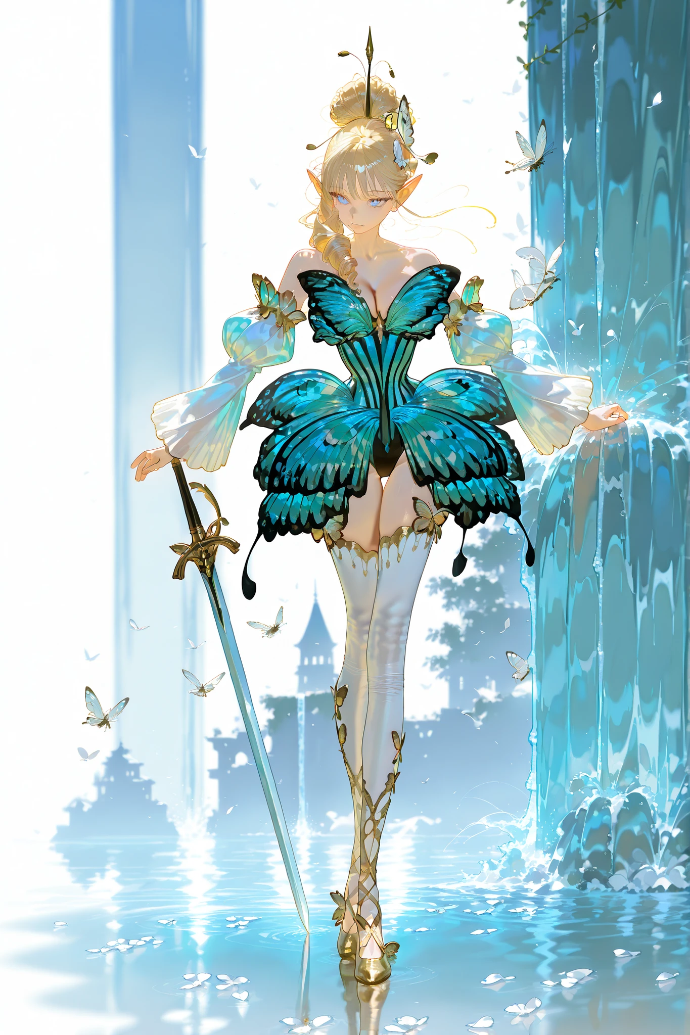 (butterfly leotard, narrow waist,)  Faèrie princess. She has dexterous athletic physique of ballerina, long flexible thin six-fingered limbs. She has eight mother-of-pearl multicolored dragonfly wings. She has pale ivory skin and long pointy elf ears. Her eyes are sky-blue with glowing sigils of stars. She has longest loose golden-blonde ringlet hair, pulled up in  wide updo ponytail decorated with pink roses and live butterflies. She wearing light-pink mini top with long elvish bell sleeves-butterfly wings, white petals layered elvish mini skirt, light-violet leggings with medieval pointe ballet shoes. She carries with her a half-handed sword, witch needle-blade made from sharp bone. (On the background: An evergreen forest with a glade of multicolored lilies, a flock of butterflies fluttering over it. Huge crystals grow from the ground around the waterfall. There's a rainbow in the sky.)