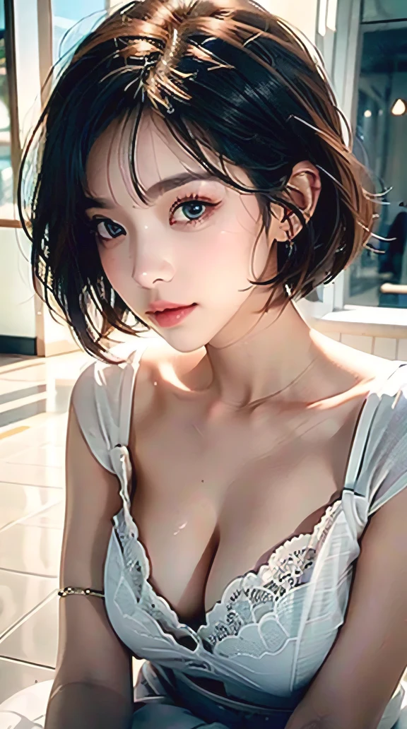 視線, 8k, (エロティック), one girl is sleeping, Vertical face, Highest Quality, masterpiece, realistic, Original photo, 8K Wallpaper, bracelet, {huge|big|huge|huge} chest:2, chest valley:2, (high quality), very detailed, high resolution, high quality, Awards, Highest Quality, high resolution, high resolution, Highest Quality, Quality as pictured, Super high resolution, Unprocessed Photo, (Photorealistic:1.3), staring at the viewer, masterpiece, (8k, Highest Quality, masterpiece, Ultra Hi-Res:1.2), a picture of a beautiful Japanese woman, Mathieu Peace, illustration, Super Detailed, high resolution, 8K Wallpaper, perfect dynamic composition to face permanent pain, beautiful detailed eyes, Short Bob Hair, Realistic RAW photos, Highest Quality, Super detail, high resolution, The woman is leaning against the colorful tile floor, beautiful detailed eyes, soft contrast, Bright reminds me of a sunny day, There's a pattern, lighting subtly emphasizes the contours and texture of the outfit and surrounding environment, captures a casual and elegant moment, emphasizes the harmony between the subject and surroundings,