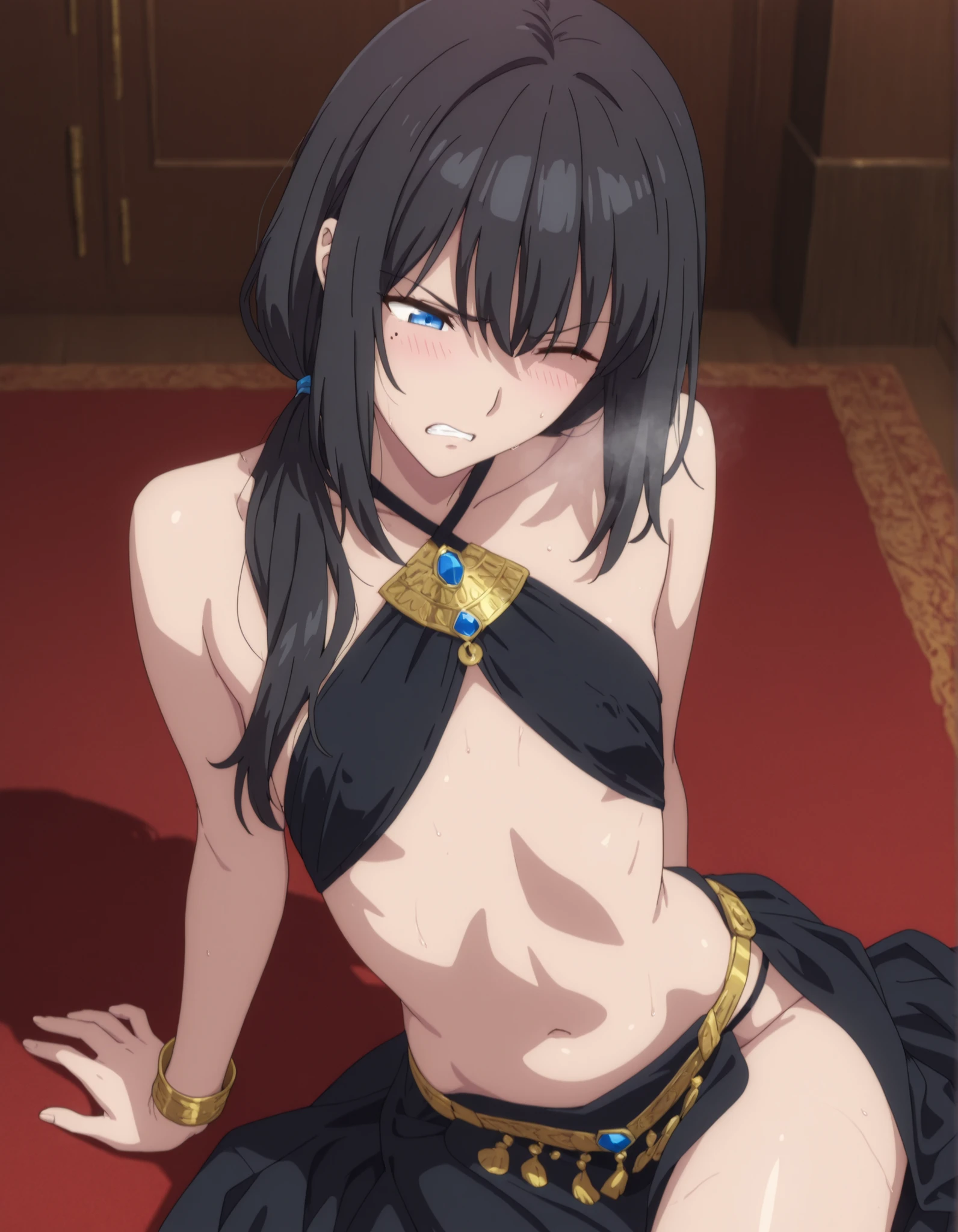 masterpiece, best quality, amazing quality, highres, absurdres, very aesthetic, high resolution,(best shadow),  ,ultra detailed, perfect details, cowboy shot, 1girl, solo, indoors, , (detailed background:1.2),from above,(sitting, yokozuwari), minami kano, long hair, low ponytail, ((black hair)),(arms behind back), long bangs, blue eyes, (detailed beautiful eyes), bracelet, ((black dancer outfit)),navel, nipple slip, (small breasts ,flat chest), (aged up:1.5),(heavy breath, clenched teeth), looking down, (anime coloring), head tilt, slim body, slender body, slim arms, long legs, pale skin, mole under eye, (wince, disgust ,clenched teeth, blush),oiled skin,(arched back),