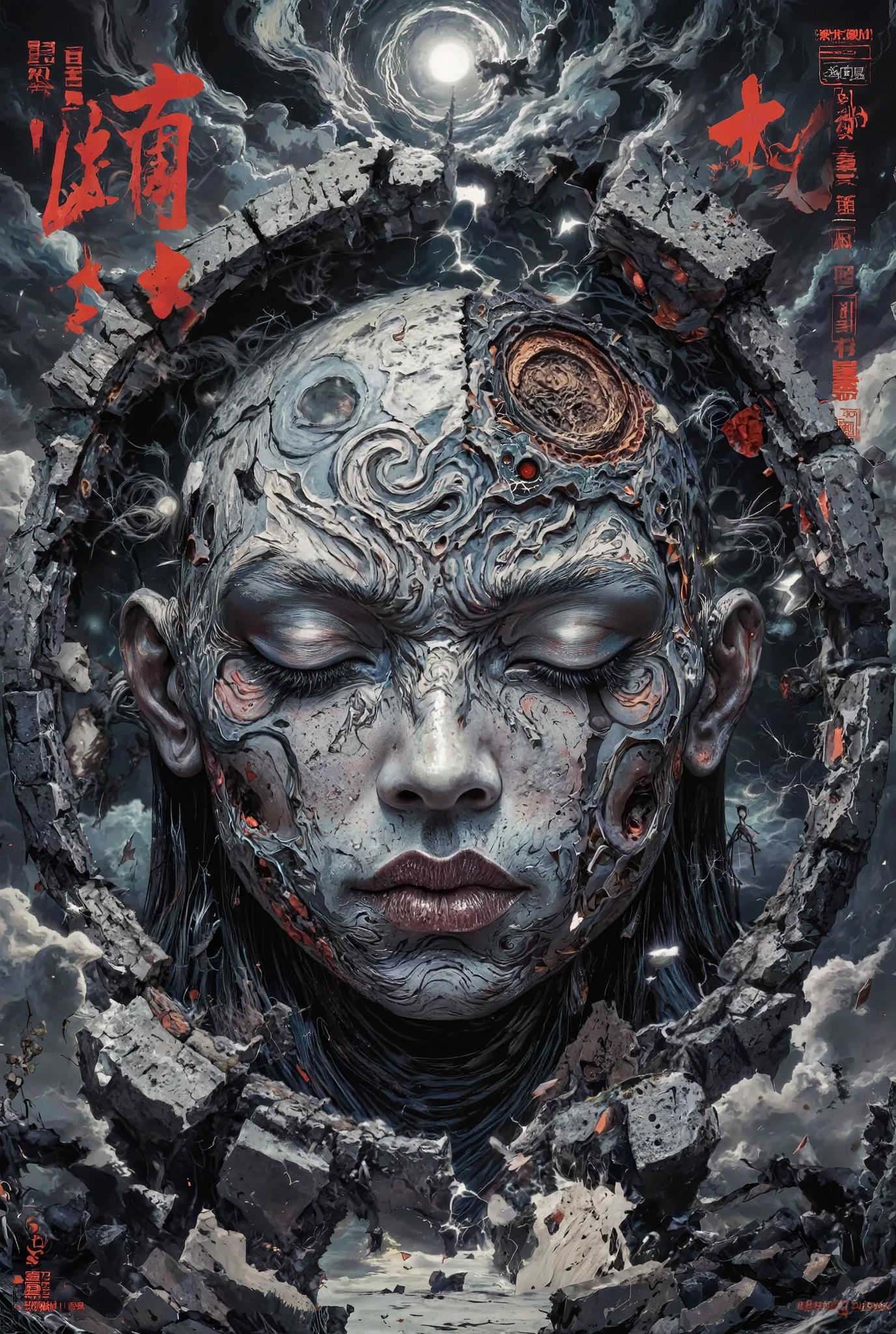 Japanese Manga style Poster with bold large fonts and graphics, This is a digital artwork depicting an ethereal, surreal scene of a moon-like figure emerging from a broken, crumbling circle. The moon-like figure has a serene, almost haunting expression, with closed eyes and a smooth, pale complexion. Its face is intricately detailed, featuring intricate, swirling patterns that resemble the texture of a lunar surface. The right side of its face is more defined, with a prominent, circular, swirling pattern that appears to be a representation of a moon crater. The background is a dark, stormy sky filled with dense, swirling clouds, creating a dramatic and ominous atmosphere. The sky is a mix of dark grays and blacks, with subtle hints of blue and white near the horizon, where the sun is partially visible. The broken circle surrounding the moon-like figure is jagged and uneven, with cracks and shards of stone extending into the sky, adding to the sense of chaos and destruction. The overall style of the artwork is highly detailed and realistic, with a focus on texture and depth. The colors are muted, with a heavy emphasis on shades of gray and black, enhancing the dark, mystical tone of the scene. The artwork evokes a sense of mystery and otherworldliness, blending elements of fantasy and science fiction.