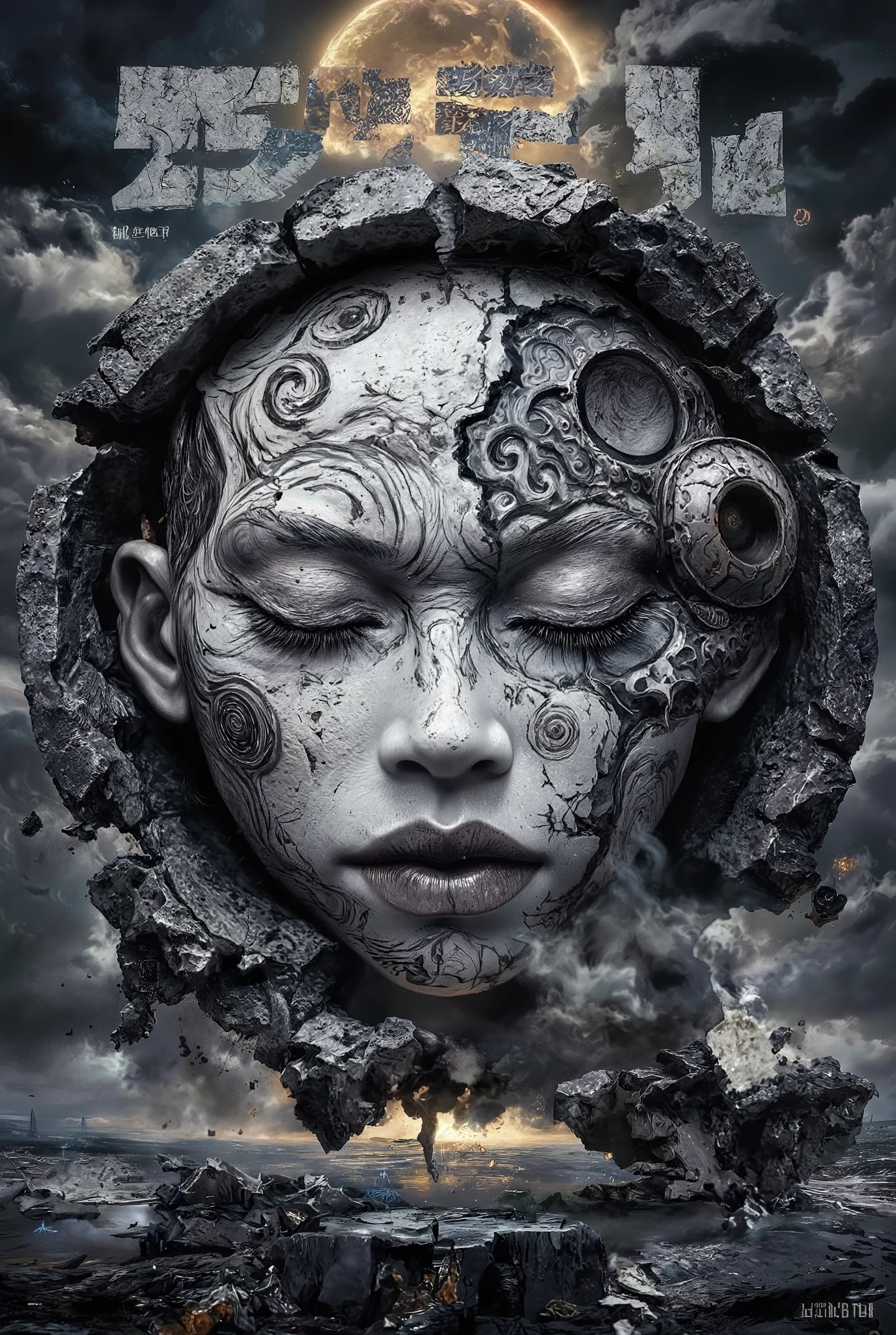Japanese Manga style Poster with bold large fonts and graphics, This is a digital artwork depicting an ethereal, surreal scene of a moon-like figure emerging from a broken, crumbling circle. The moon-like figure has a serene, almost haunting expression, with closed eyes and a smooth, pale complexion. Its face is intricately detailed, featuring intricate, swirling patterns that resemble the texture of a lunar surface. The right side of its face is more defined, with a prominent, circular, swirling pattern that appears to be a representation of a moon crater. The background is a dark, stormy sky filled with dense, swirling clouds, creating a dramatic and ominous atmosphere. The sky is a mix of dark grays and blacks, with subtle hints of blue and white near the horizon, where the sun is partially visible. The broken circle surrounding the moon-like figure is jagged and uneven, with cracks and shards of stone extending into the sky, adding to the sense of chaos and destruction. The overall style of the artwork is highly detailed and realistic, with a focus on texture and depth. The colors are muted, with a heavy emphasis on shades of gray and black, enhancing the dark, mystical tone of the scene. The artwork evokes a sense of mystery and otherworldliness, blending elements of fantasy and science fiction.
