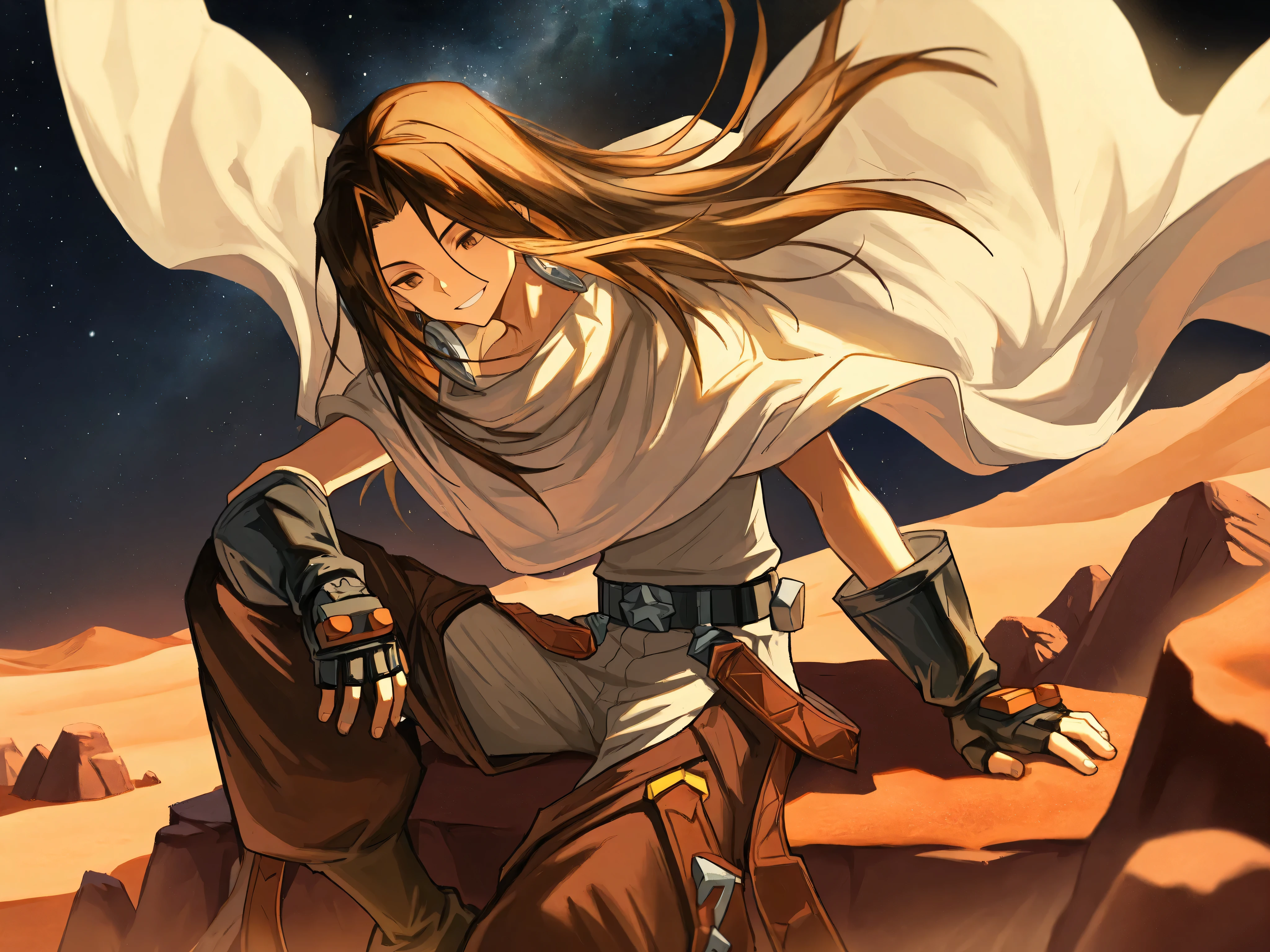 1boy, solo, AEHao, brown eyes, brown hair, long hair, earrings, white cape, black gloves, fingerless gloves, belt, black pants, sitting on a rock in the desert, below a cliff of darkness, a starry sky, the wind blowing through his hair, smiling, his hand resting on his knees, his leg beneath him,