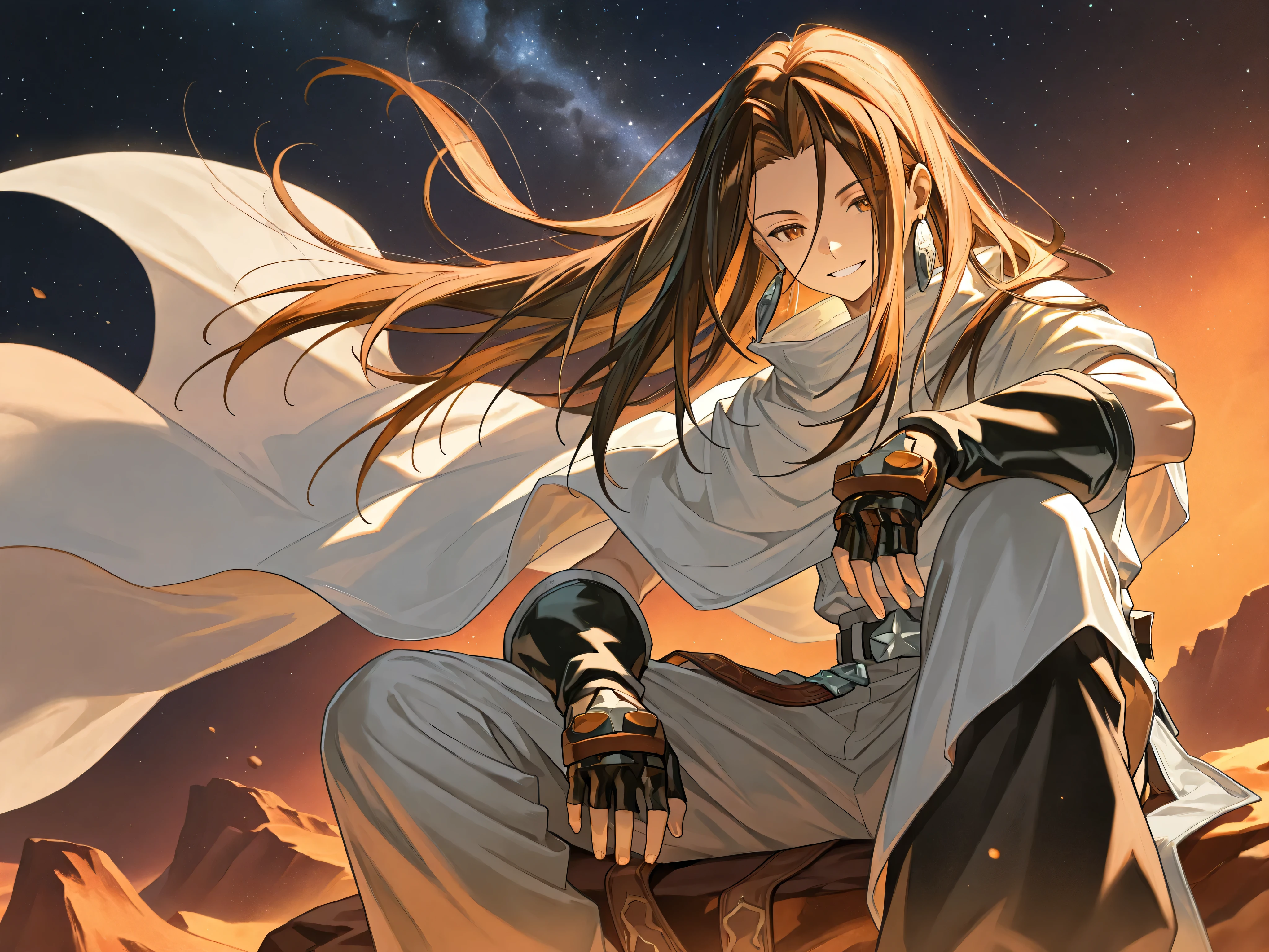1boy, solo, AEHao, brown eyes, brown hair, long hair, earrings, white cape, black gloves, fingerless gloves, belt, black pants, sitting on a rock in the desert, below a cliff of darkness, a starry sky, the wind blowing through his hair, smiling, his hand resting on his knees, his leg beneath him,