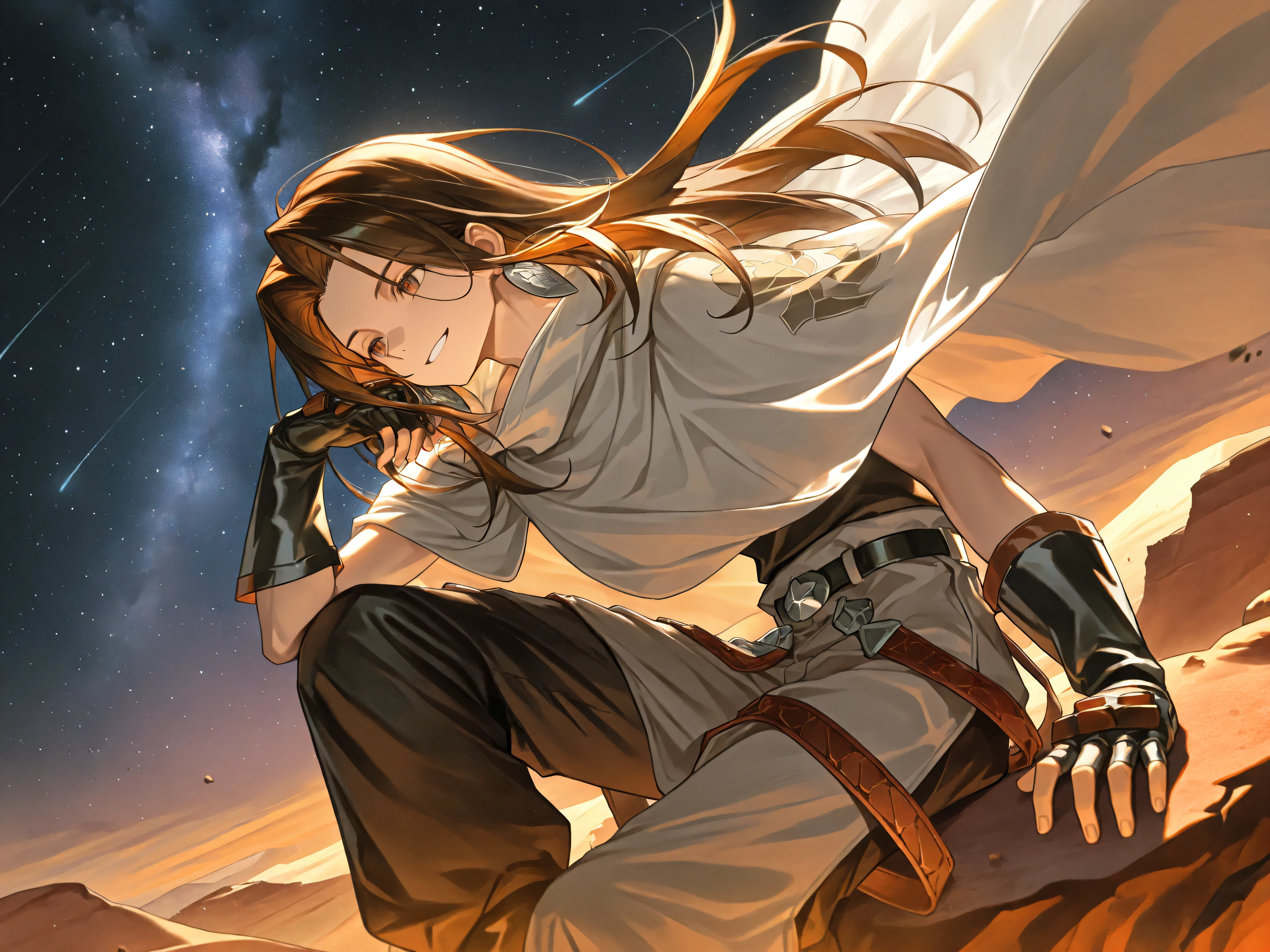 1boy, solo, AEHao, brown eyes, brown hair, long hair, earrings, white cape, black gloves, fingerless gloves, belt, black pants, sitting on a rock in the desert, below a cliff of darkness, a starry sky, the wind blowing through his hair, smiling, his hand resting on his knees, his leg beneath him,