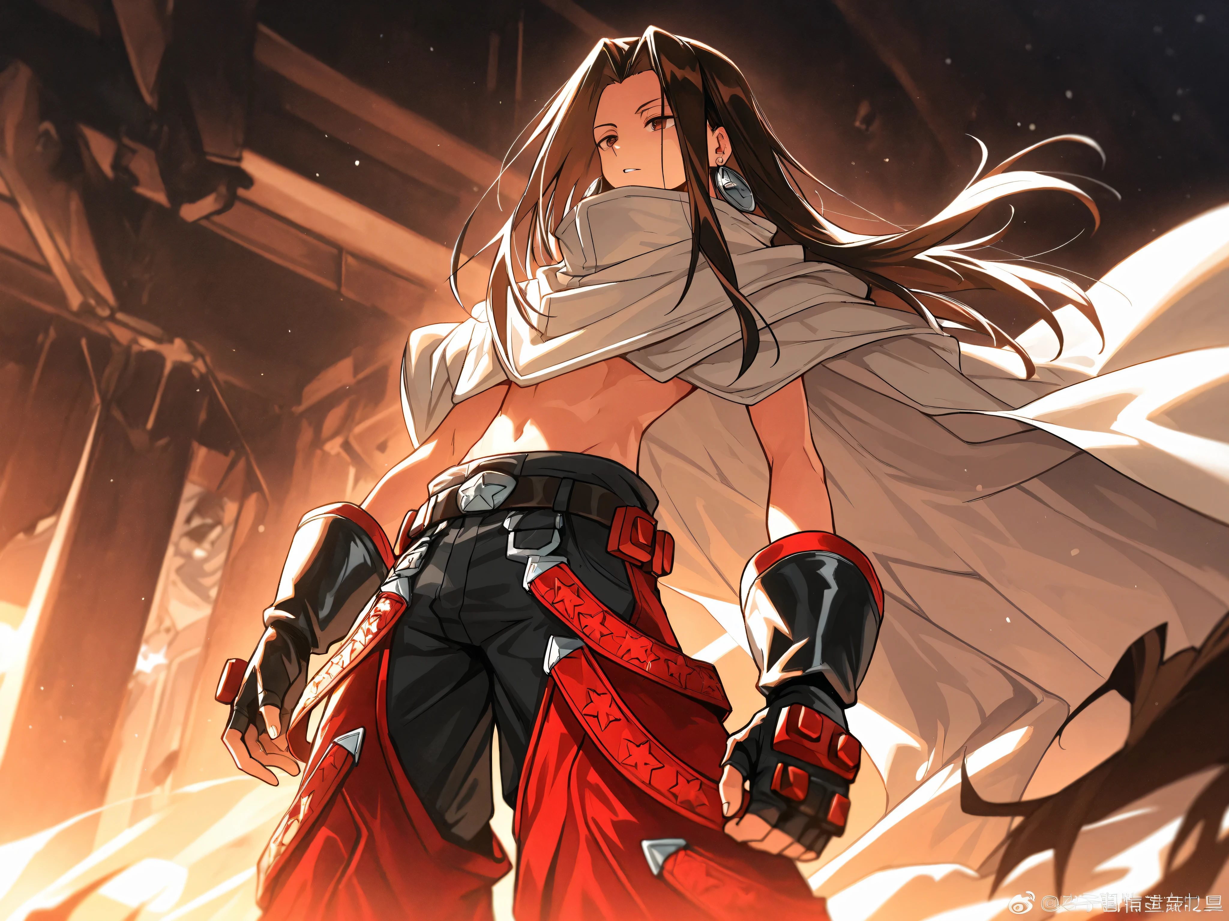 AEHao, brown eyes, brown hair, long hair, earrings, white cape, black gloves, fingerless gloves, belt, black pants, сидит на скале в пустыне, внизу обрыв тьмы, звездное небо, ветер разивавает волосы, улыбается, рука лежит на колени, нога под собой,