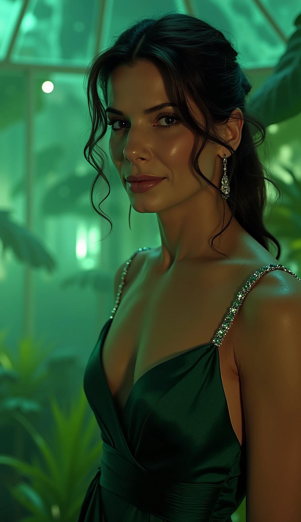 Sandra Bullock como Jade
Close-up portrait of Sandra Bullock, deep emerald silk gown with crystal straps.
Background: blurred illuminated greenhouse at night, giant exotic plants glowing bioluminescent green, soft mist rising from the floor.
Lighting: magical emerald glow, reflections on glass panels.