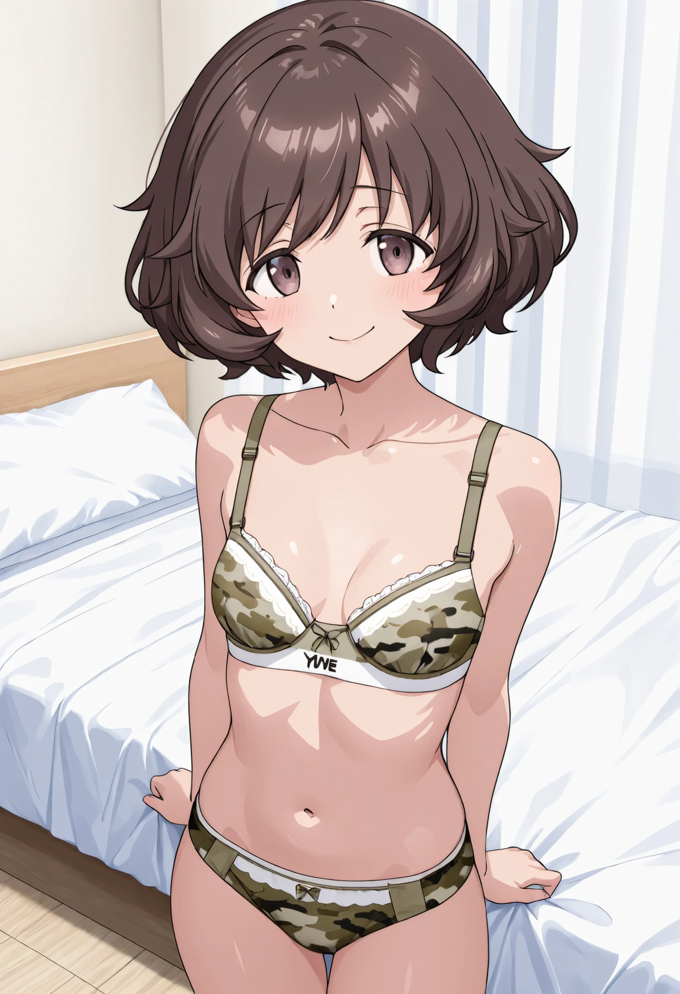 masterpiece, Highest Quality, Newest, 8K image、real、Indoor、Standing、Akiyama Yukari 、A woman、solo、 Smile Yan、closed mouth、Cowboy Shot、Camouflage underwear、(Bra、panties:1.3)、Bed 、small breasts、