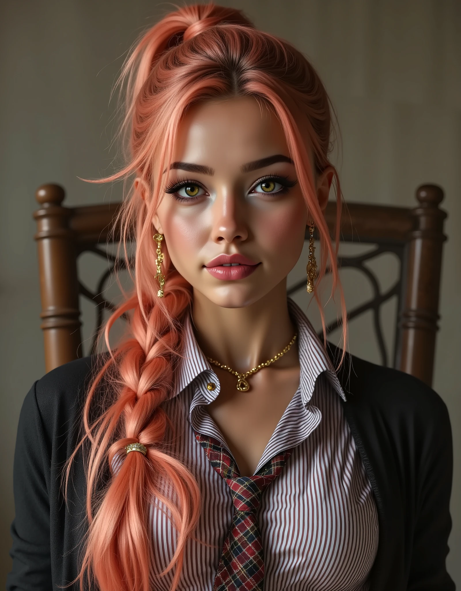  realistic (photorealistic realism),((high resolution)),((intricately detailed digital art)),(best quality),(realistic texture details: perfect skin, smooth skin, (without folds and dents:1.28)),(professional photography), (high detailed realistic Super beautiful slim and sharp-face), (best highest detailed realistic brown_eyes:1.35), ((super realistic sharp-eyes)), (tired and sleepy and satisfied:0.0), perfect round eyes, finely detailed pupils,break,detailed lips:1.3,pink_makeup:1.22, Long_blue_eyeliner :1.28, [red_lipstick:1.35],(perfect dark_eyeshadows:1.35), (super detailed professional makeup on eyes:1.3), perfect lighting , Perfectly detailed hair((Long Messy neon-orange Pony with Braid)) , Perfect and exquisite face , Perfect collarbone, perfect body, firm round fake breasts , 1 person, ( perfect anatomy, anatomically accurate), Symmetrical face、(masterpiece),Very clear,( super real ), seductive woman, realistic style woman、(( juicy opened lips ))、(( blonde straight))、 gorgeous golden ornaments, (Compensate)、{{((colored shirt) 、tie、 Cardigan、 [short plaid mini skirt] 、 Legs:1.4}}.intense sultry eye contact, dark winged eyeliner, reaslistic skin texture.photorrealistic. seductive glossy cherry red lips. dark glossy goth makeup. facing the viewer. looking with lust into the viewers eyes. horny face expression. firm fake round breasts. choker. sitting upright with legs spread on a chair, thigh gap, legs spread, worshipping her master, manspreading, hands behind back, hands not visible,feet obscured and not visible
