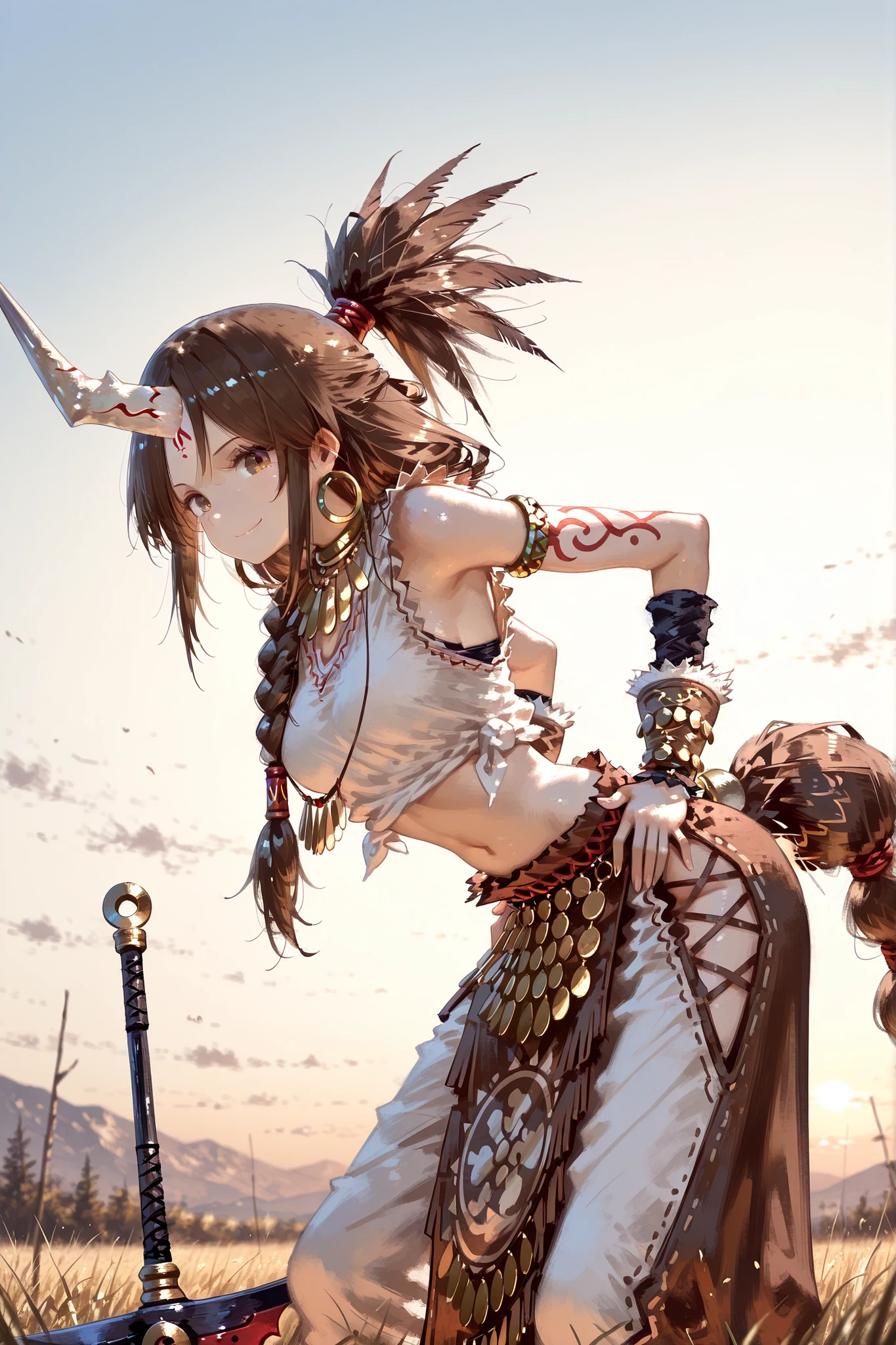 perfect face, focus girl, ((focus face)), parfect eyes, solo, (masterpiece, detailed:1.2), highest quality, Ultra High Quality, k, Beautiful and delicate anthropomorphic girl, Incredibly detailed and intricate, Braidded side bangs, mid-parted bangs, Braided long messy pony tail hair,  cute brown eyes, smile, cute face,  eye lasher, thin, 20 yo, medium breast, Long sideburns, white mono horn, tribe costume, barbarian outfit ((barbarian skirt)), white outfit with gold detail, ((hands on own hips)), Navel exposed,  ((leaning forward)), holding weapon on hands,
BREAK,
cowboy shot, sharp focus, beautiful background, depth of field, fine atmosphere, beautiful natural lighting, perspective, (detailed lighting), rim lighting, ((sharp focus)), solo, residential , looking viewer, steppe back ground, mongolia, yurt back ground, panorama, beautiful sky, 15:00, day time, (side view),
