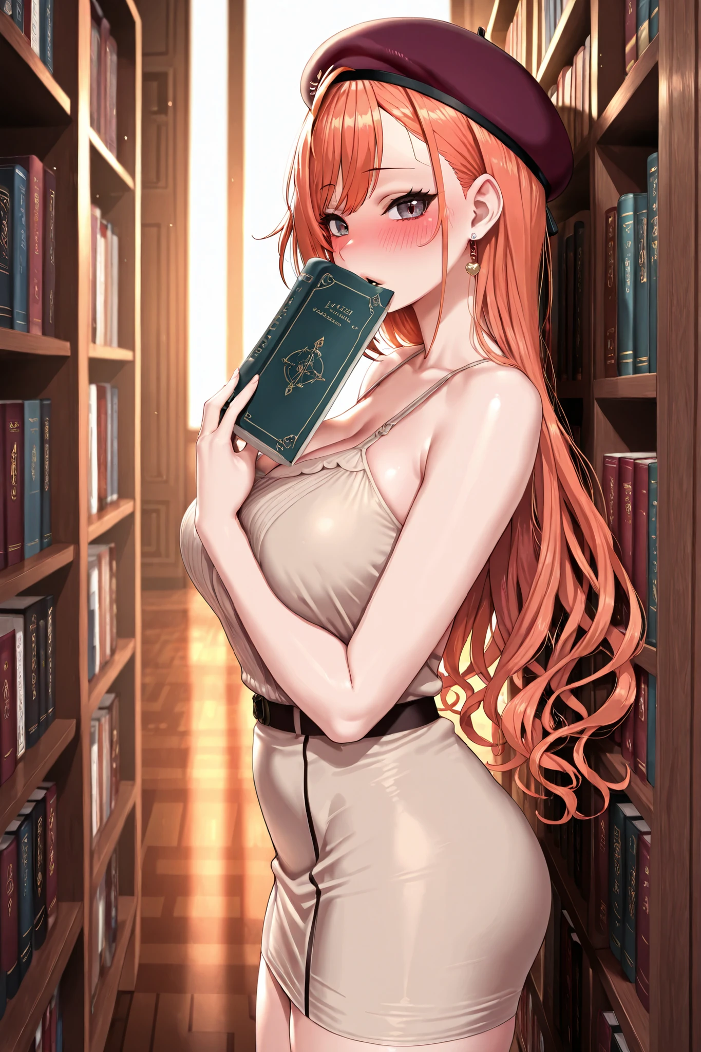 piza_girl_style,fellatrix style,renbocloud, (masterpiece, best quality:1.2), cowboy shot, solo, 1girl, delicate, dreamy, side view, looking at viewer, cinematic lighting, cinematic, volumetric lighting, ray tracing, natural shadows, parted lips, long hair, (arisugawa natsuha:1.2),beige dress,skirt, beret, holding book, holding open book, covering mouth, blush, library, bookcase, standing, against wall,, (ultra-detailed), very aesthetic, newest, questionable, amazing quality, very aesthetic, absurdres, newest, scenery