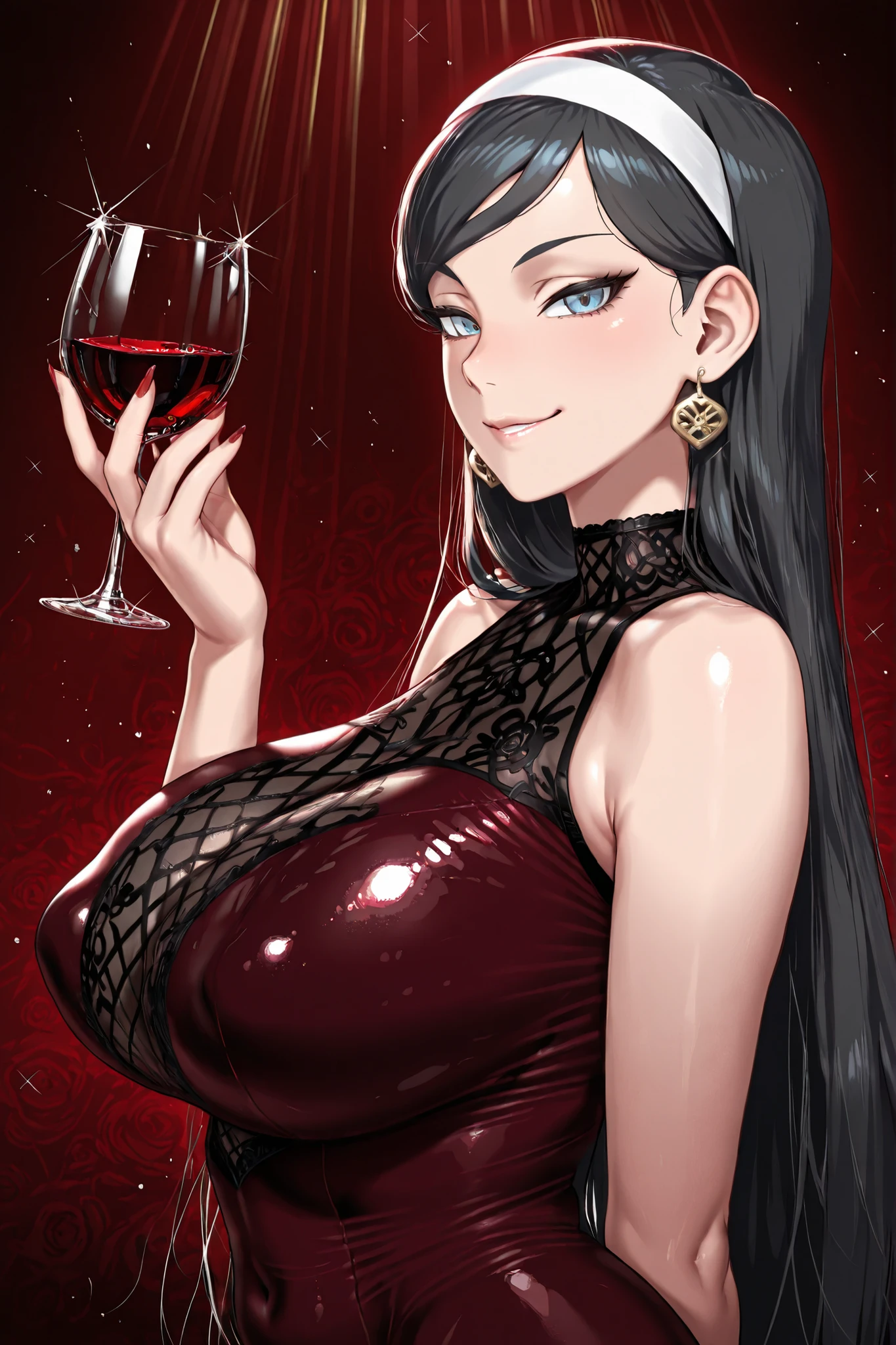 piza_girl_style,fellatrix style,renbocloud, (masterpiece, best quality:1.2), solo, 1girl, kumashiro maya, black hair, long hair, blue eyes, white hairband, widow's peak, holding a glass of red wine, dark red outfit with golden details, red background, textured, slightly grungy, covered navel, character looking at viewer with a sly smile, sharp red nails, from side, black and gold color contrast, sparkles around wine glass, character in three-quarter view, upper body, high contrast lighting, semi-realistic yet stylized, vibrant colors, bold lines, modern anime aesthetic, gothic elements, elegant and mysterious, character centered, wine glass in right hand, confident and alluring expression, red and black color palette, detailed shading and highlights, dynamic composition.,, cinematic lighting, cinematic, volumetric lighting, ray tracing, natural shadows, (ultra-detailed), very aesthetic, newest, questionable, amazing quality, very aesthetic, absurdres, newest, scenery