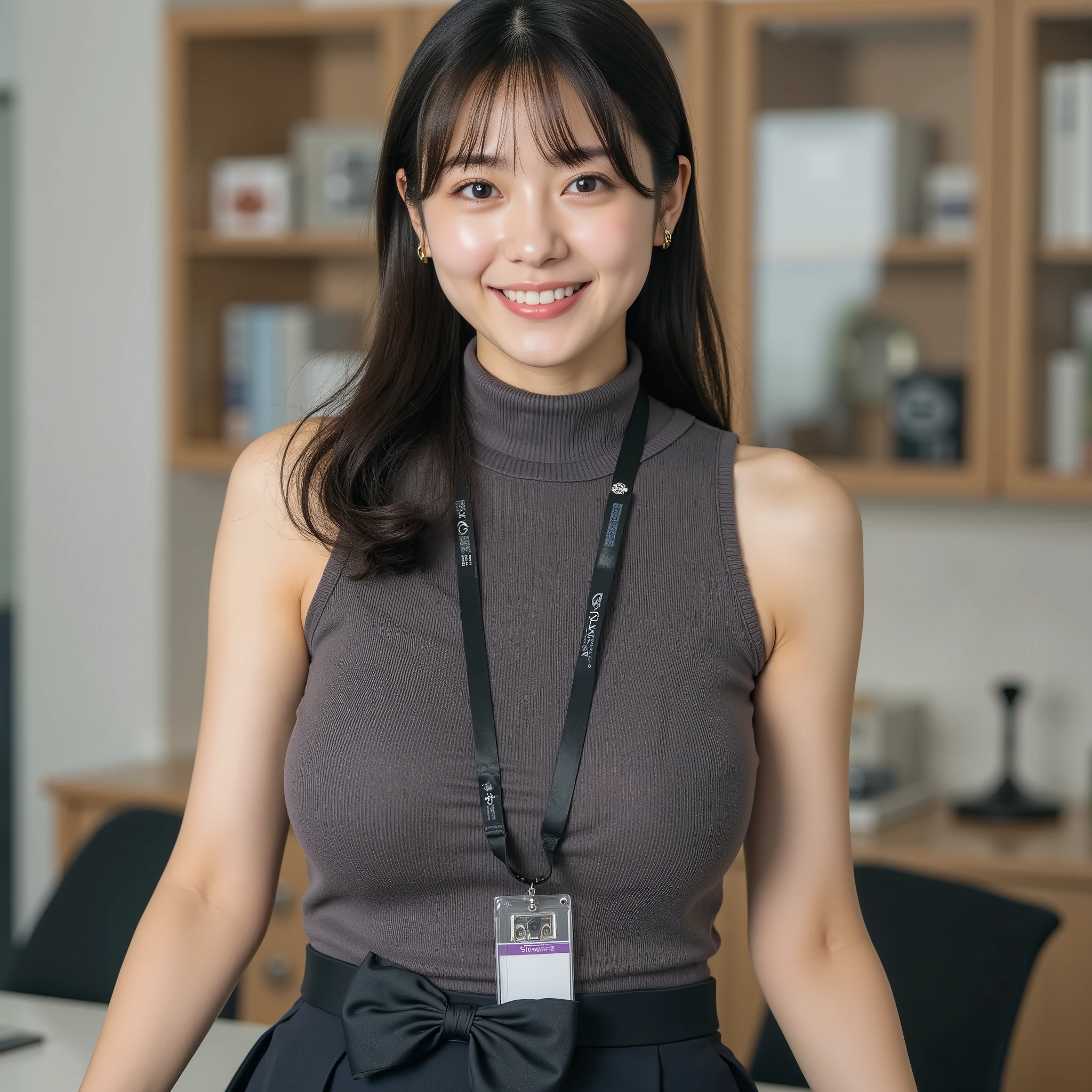 (( masterpiece,   Highest Quality,    Highest Image Quality  ,   high resolution ,   there is,    original pictures ,   Very Fine CG Uniform 8K Wallpaper  )),  1 Japanese girl from above at close range ,  personal ,  A beautiful young woman  , 20 years old,    there is皮肤纹理,    shiny skin ,  office for 1 day，   garter belt,  turtleneck, ID,  lanyard  :1.8 ,  Sleeveless Sweater :1.2、   Perfect Body ,  middle school age,   proud expression with a roof ,  pleated skirt with a bow on her chest，Full Body,，